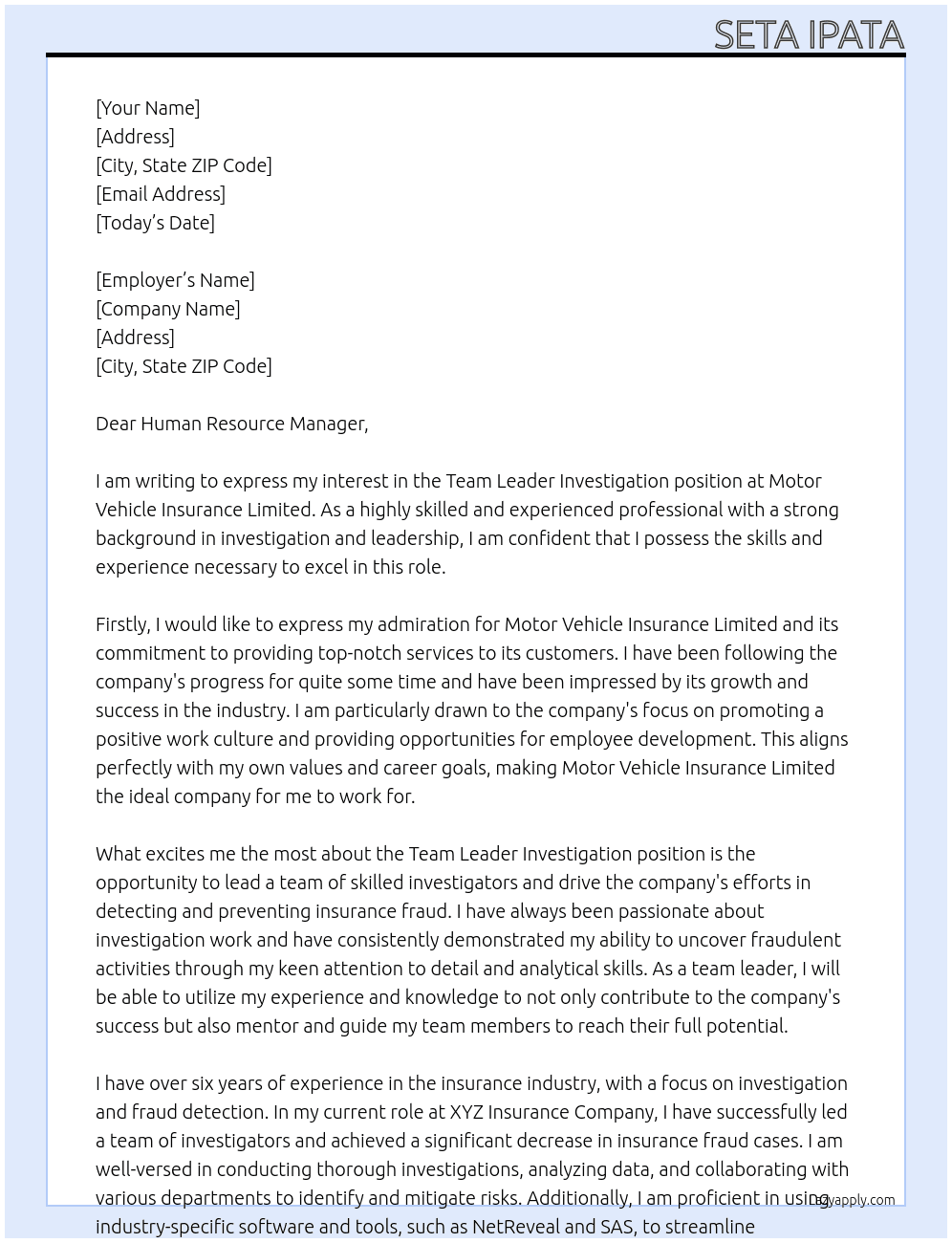 Cover letter for team leader investigation - LazyApply