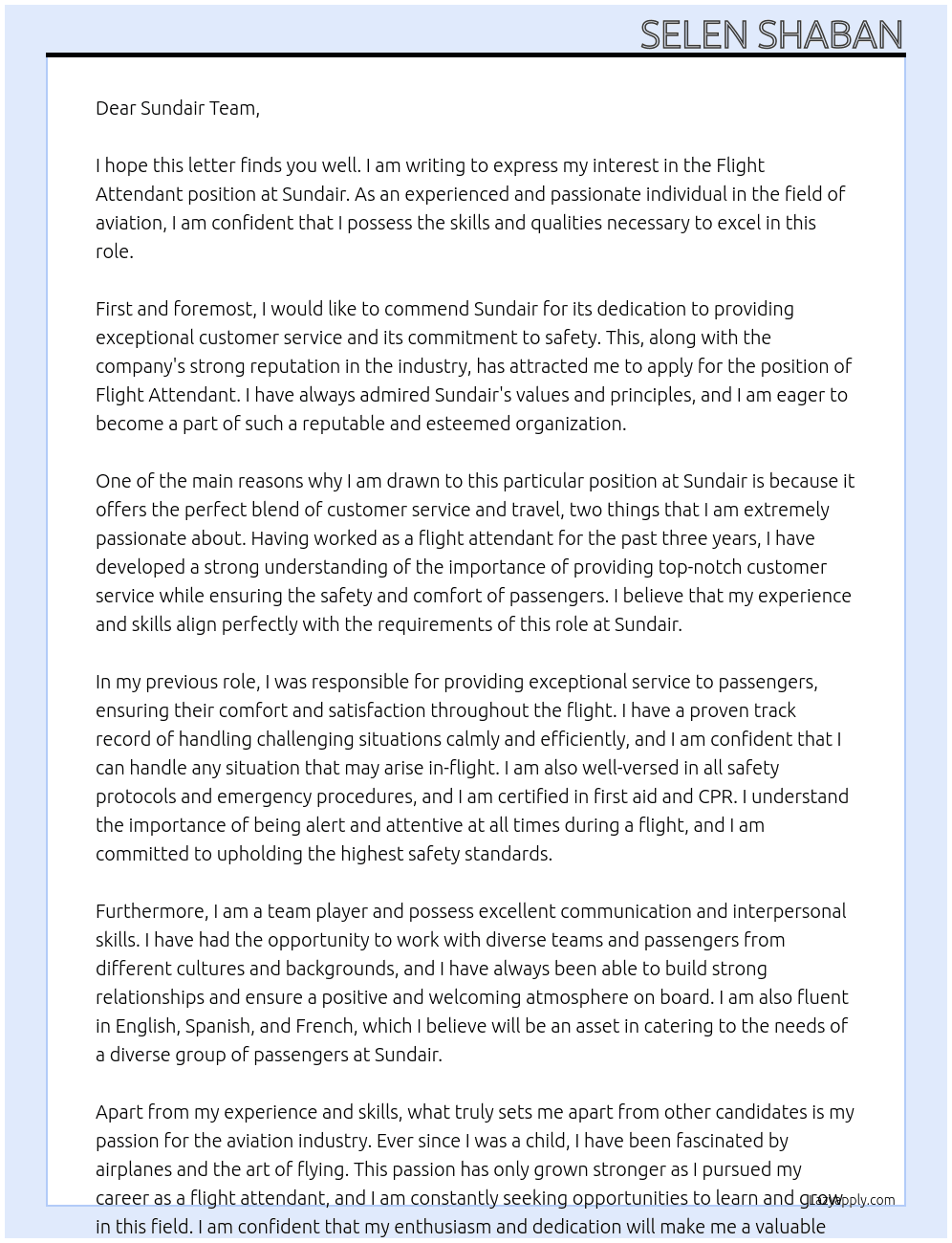 flight attendant At Sundair Cover Letter