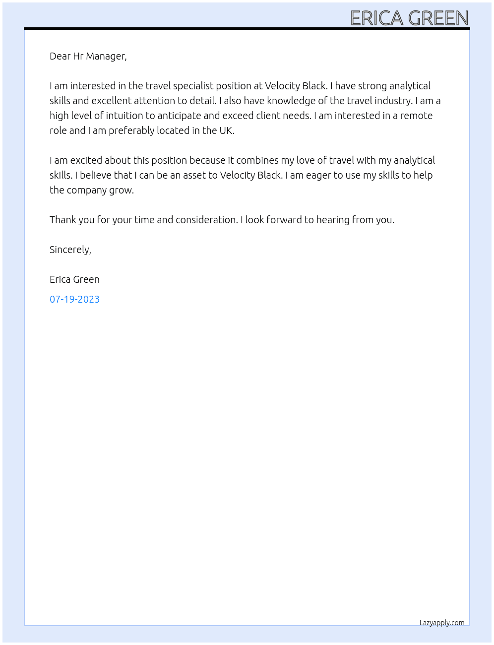 travel specialist At Velocity Black Cover Letter