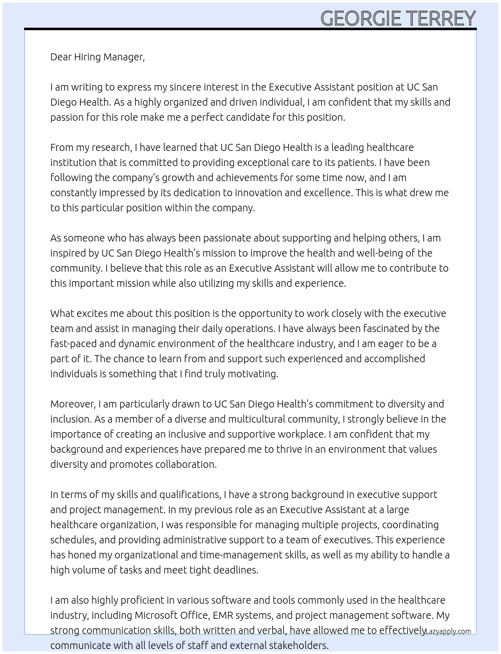 Executive Assistant At UC San Diego Health Cover Letter