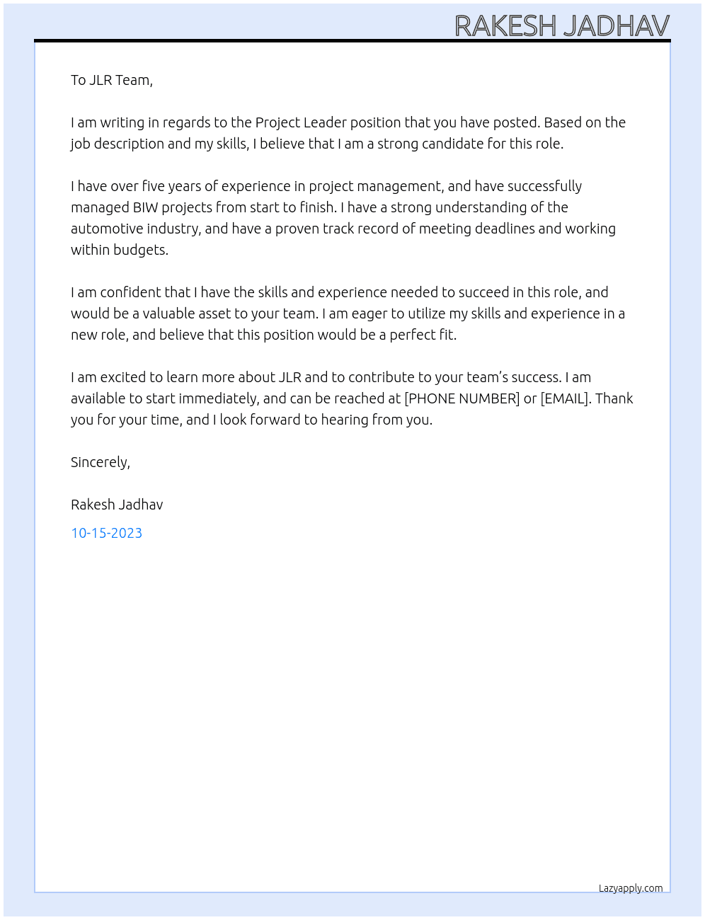 Project Leader At JLR Cover Letter