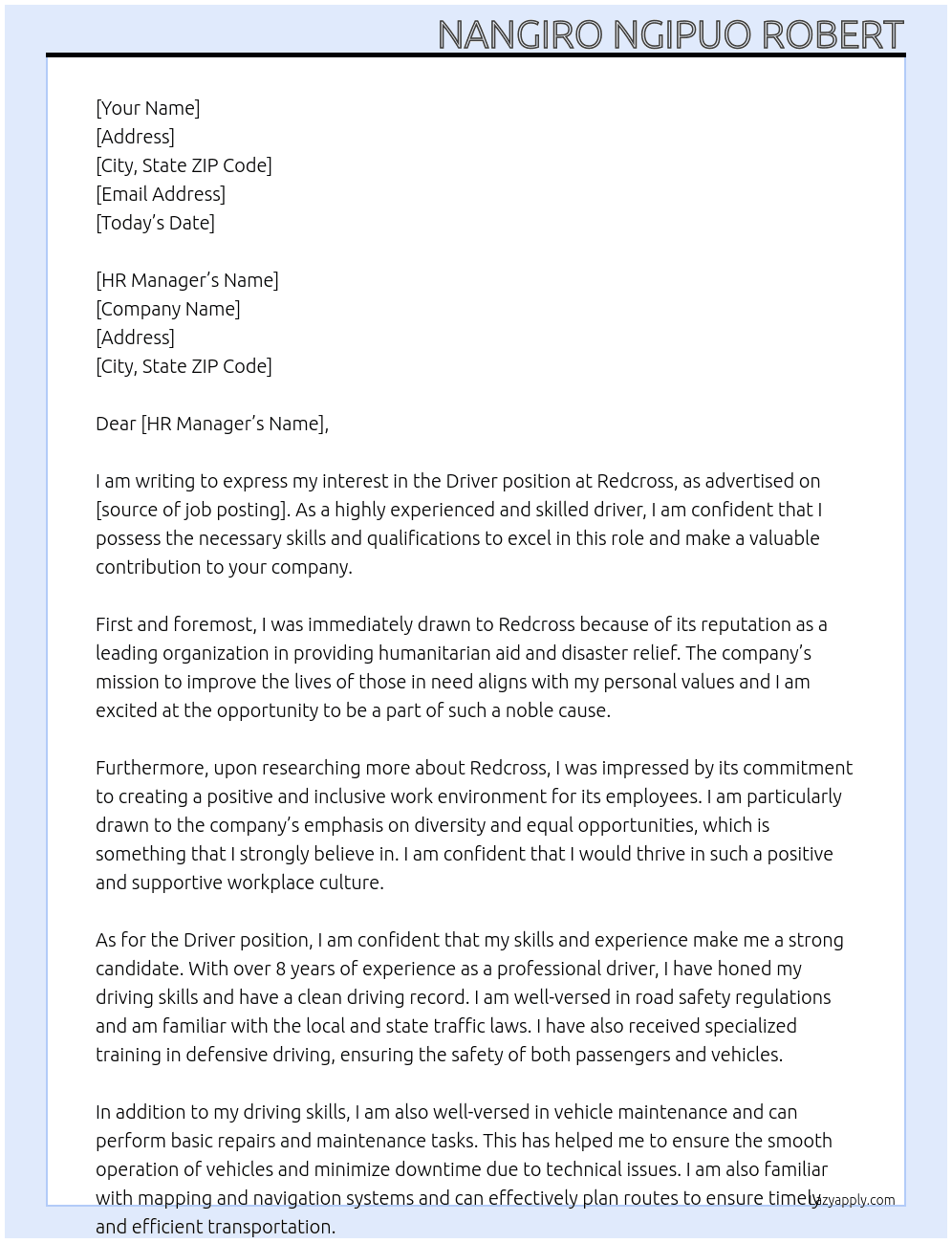 Driver  At Redcross Cover Letter