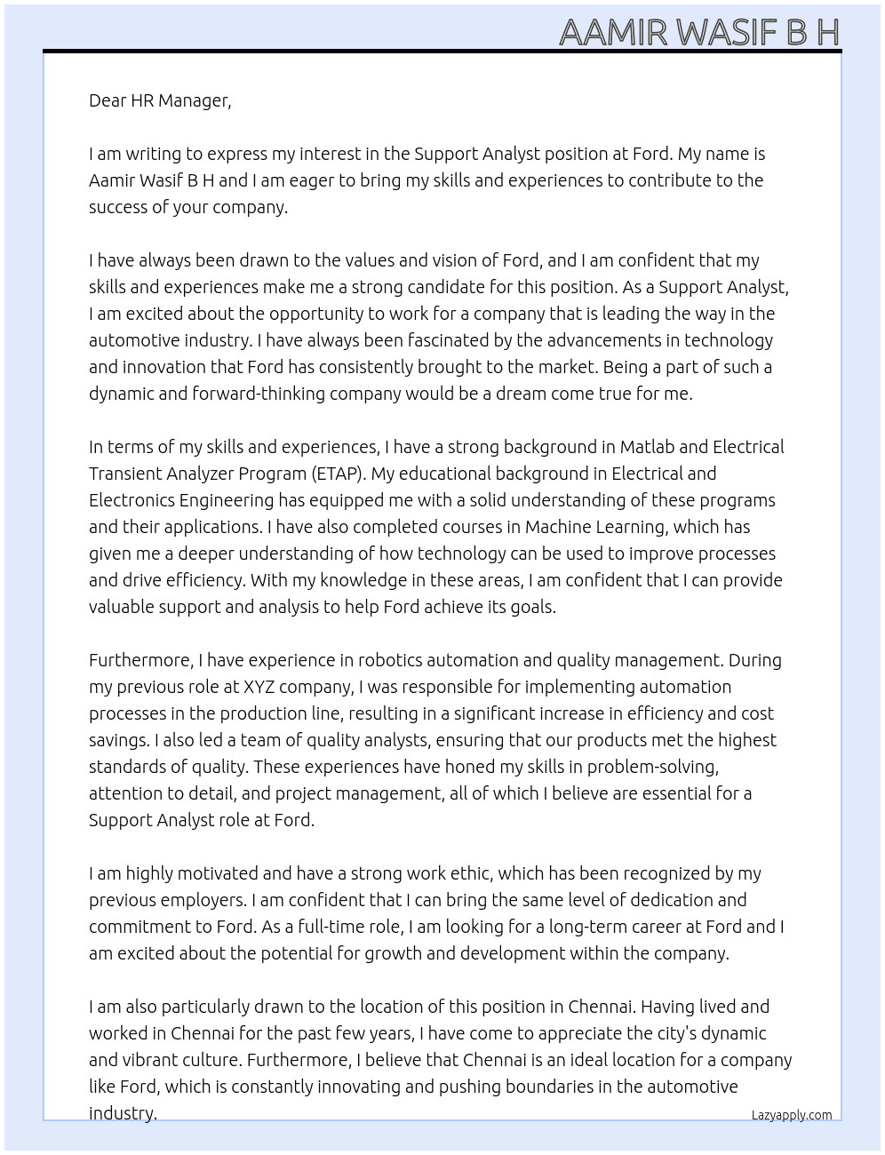 Support Analyst  At Ford Cover Letter