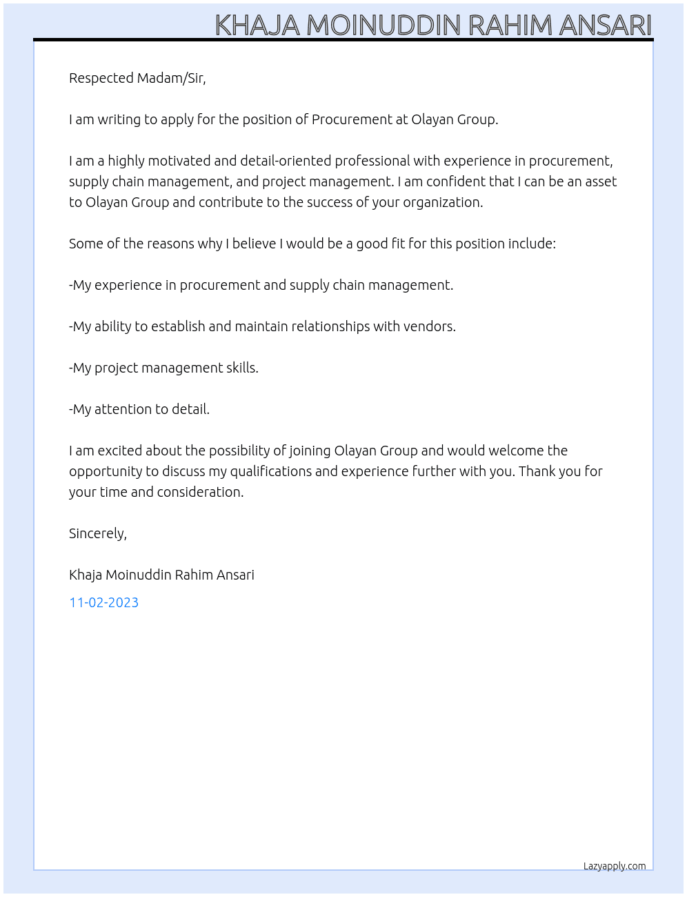PROCUREMENT At OLAYAN GROUP Cover Letter