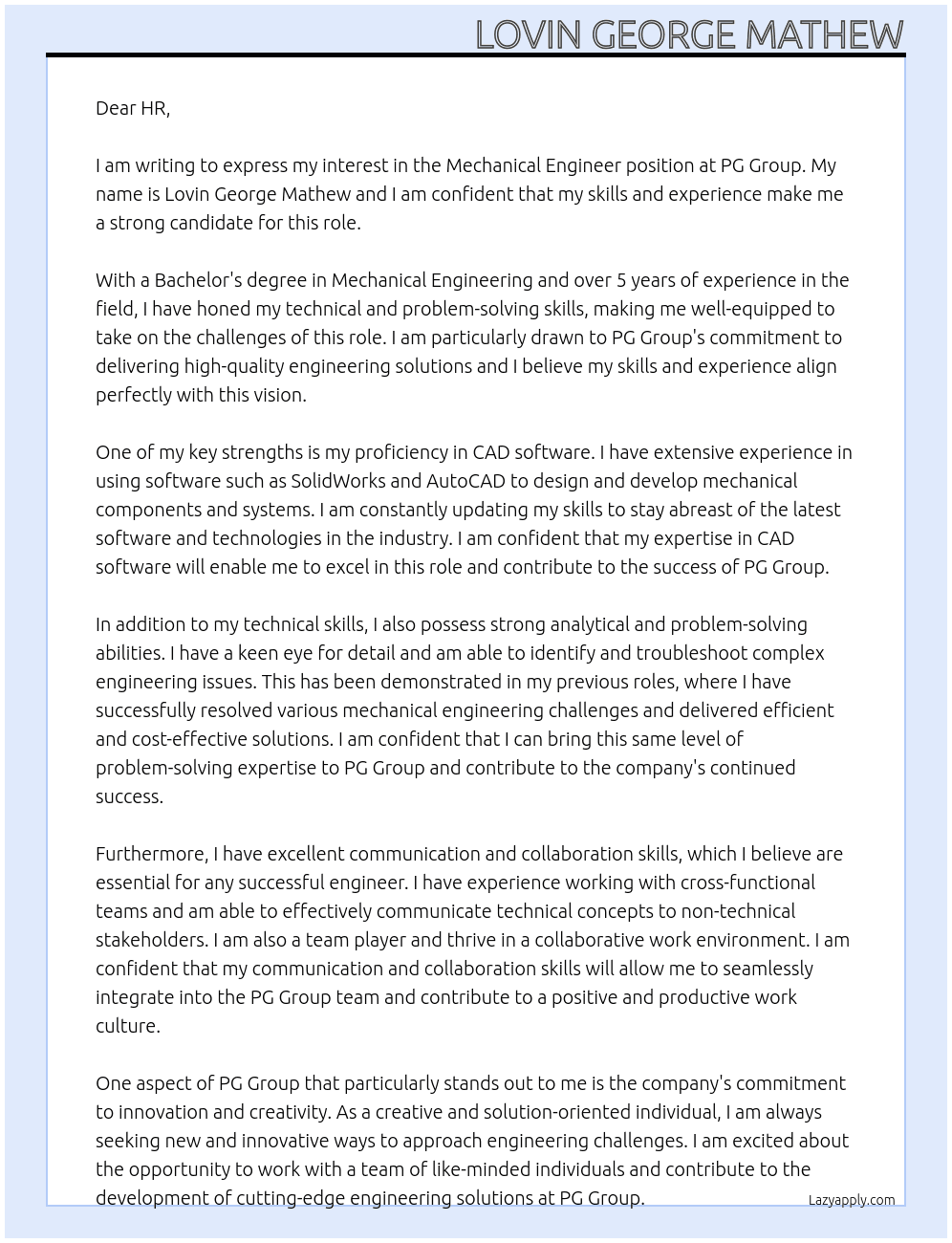 Mechanical Engineer At PG Group Cover Letter