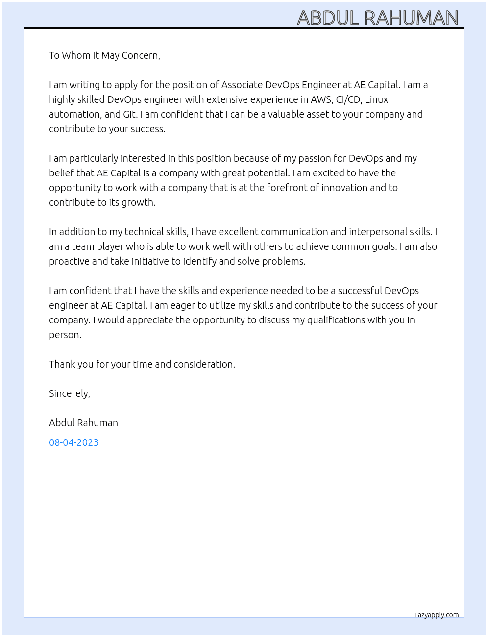 Associate DevOps engineer  At AE Capital  Cover Letter