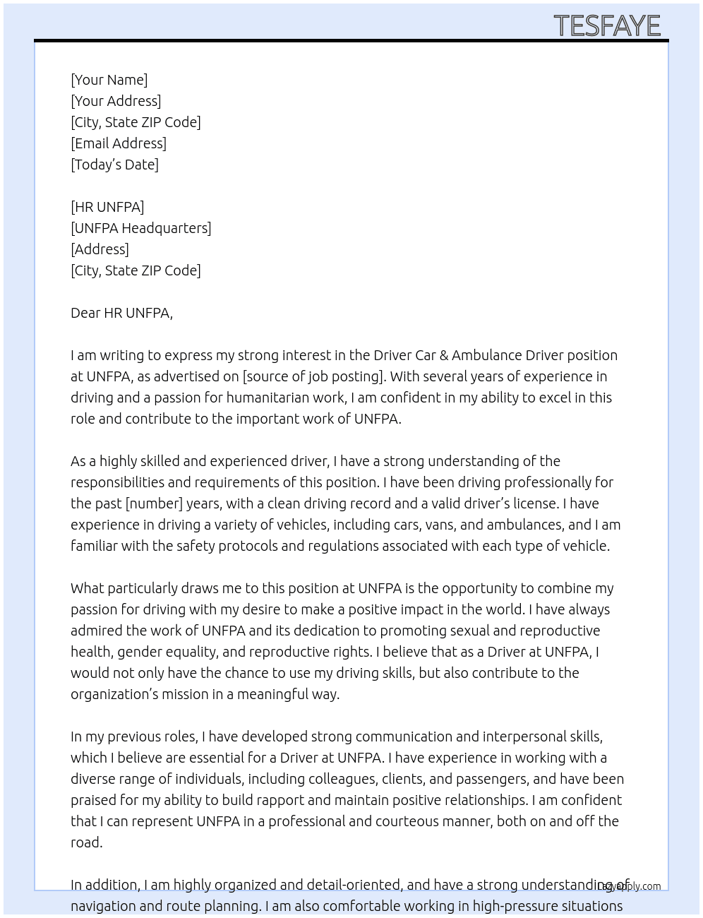 Driver Car & Ambulance Driver  At UNFPA Cover Letter