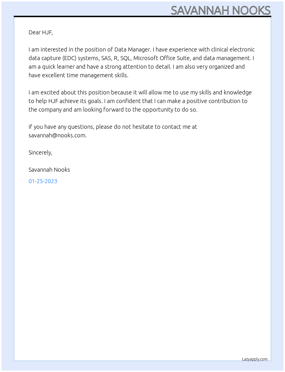 Data Manager At HJF Cover Letter