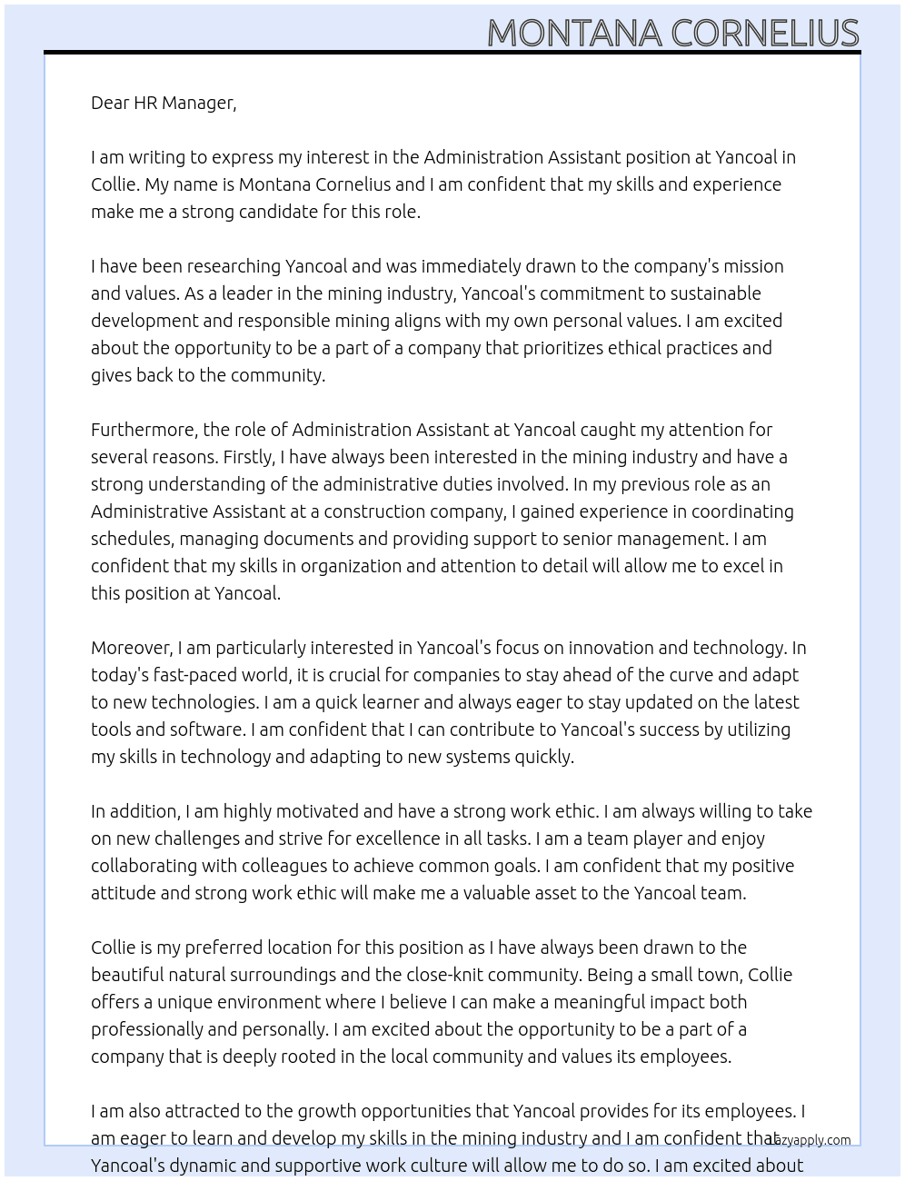 Administration assistant  At Yancoal  Cover Letter