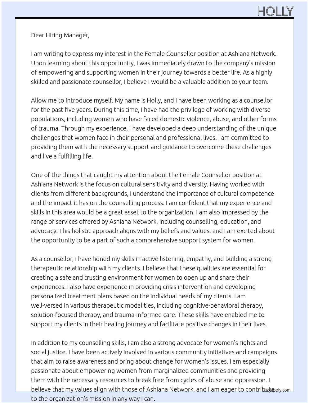 Female Counsellor  At Ashiana Network  Cover Letter