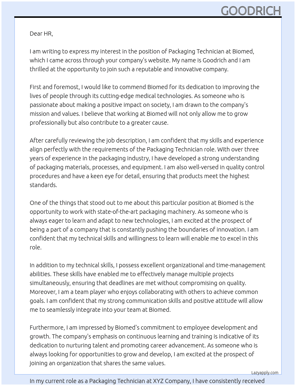 Packaging Technician At Biomed Cover Letter