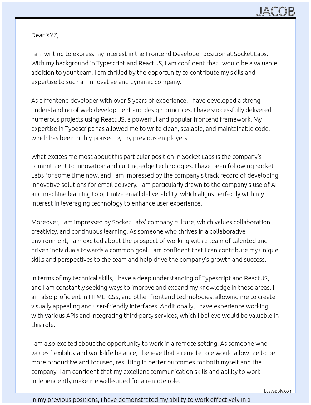 Frontend Developer At Socket Labs Cover Letter