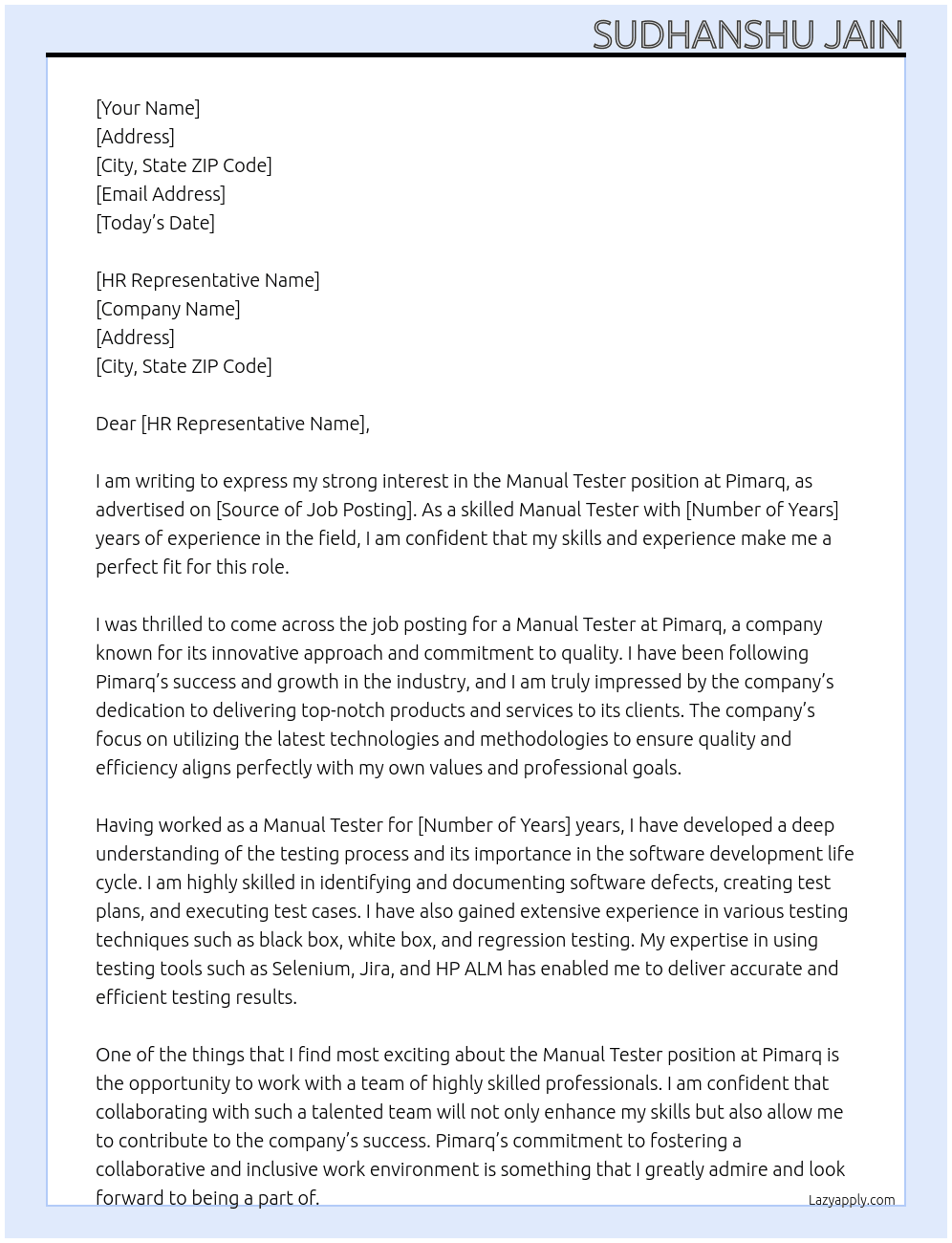 Manual Tester At Pimarq Cover Letter