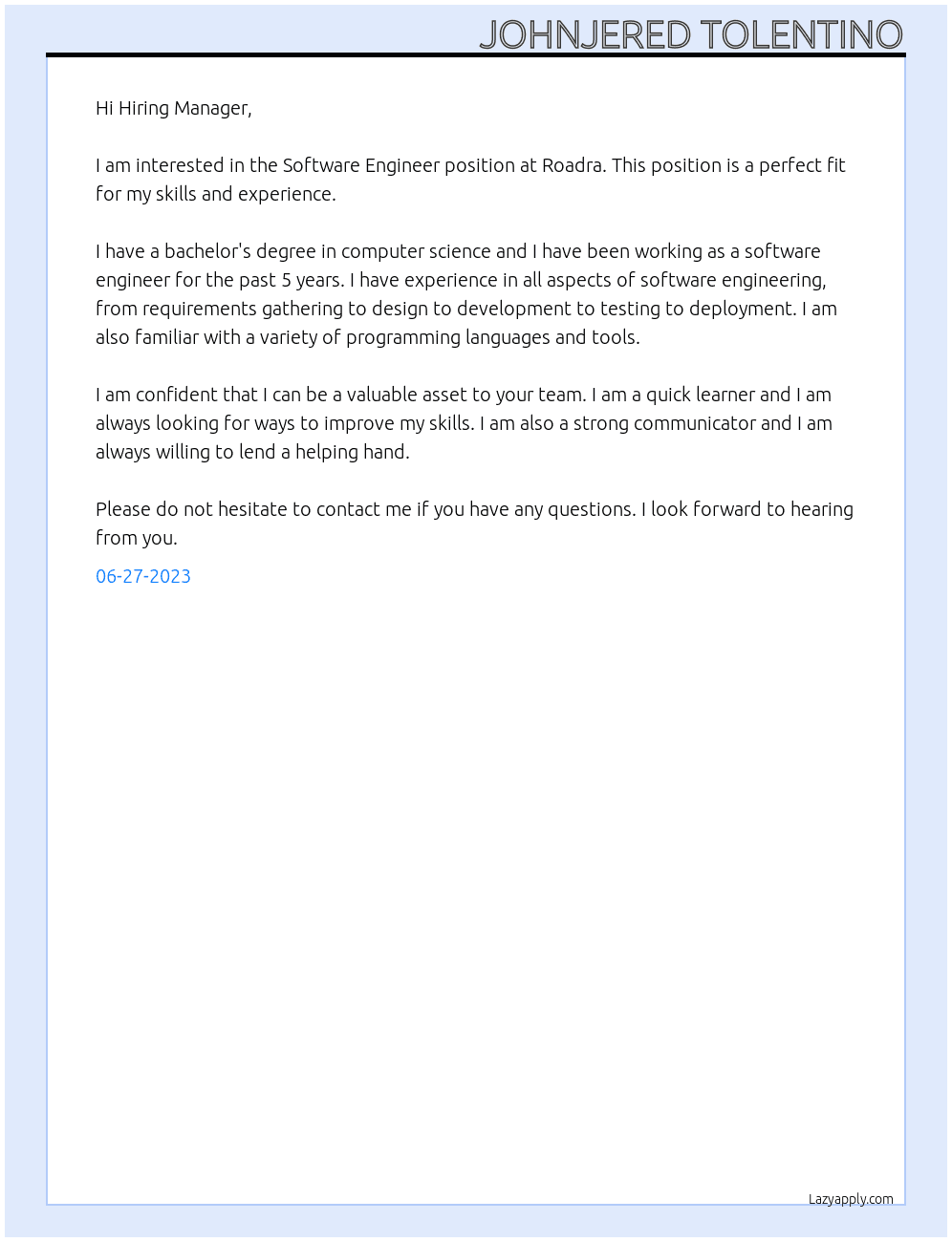 Software Engineer At Roadra Cover Letter