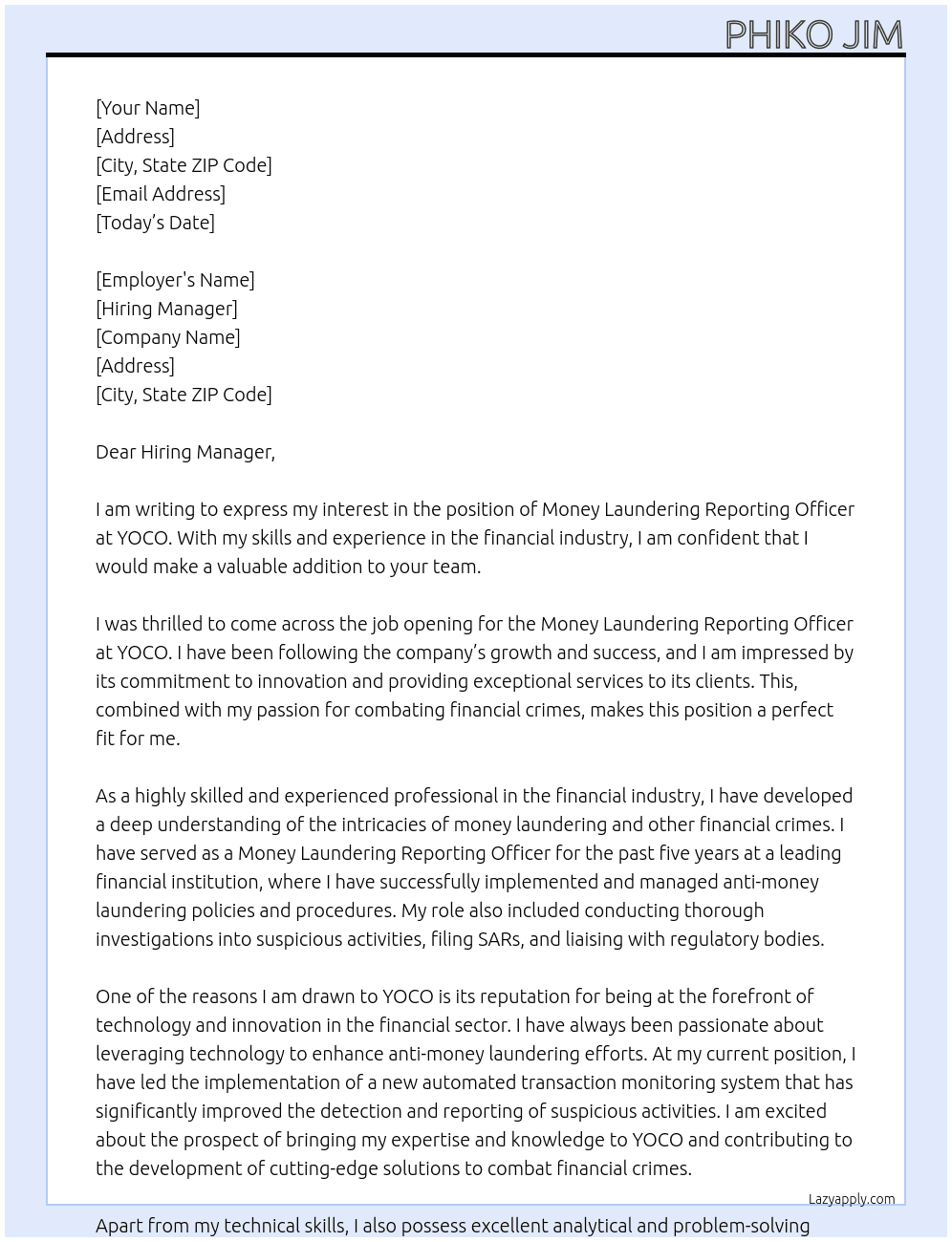 Money Laundering Reporting Officer At YOCO Cover Letter