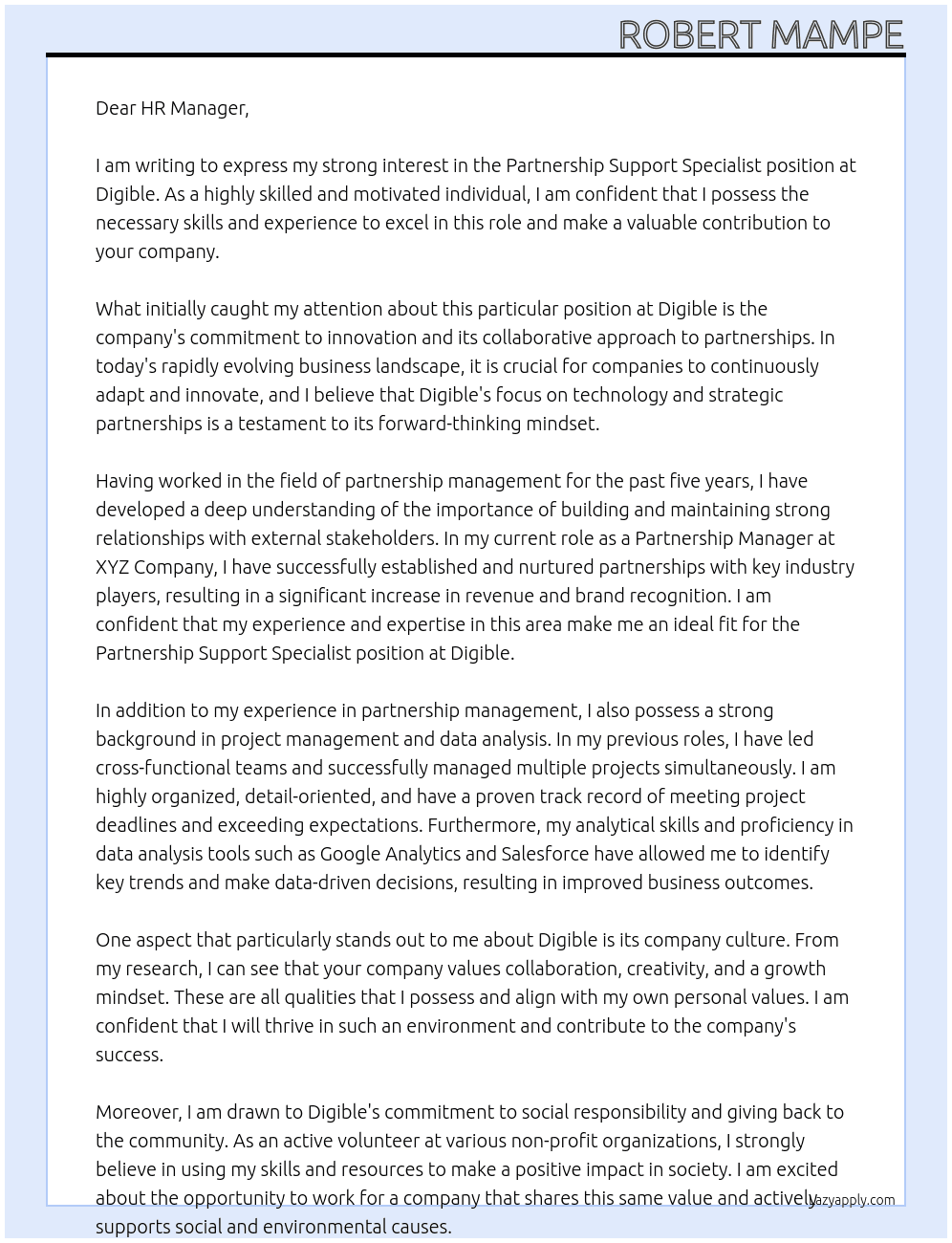 Partnership support specialist At Digible Cover Letter