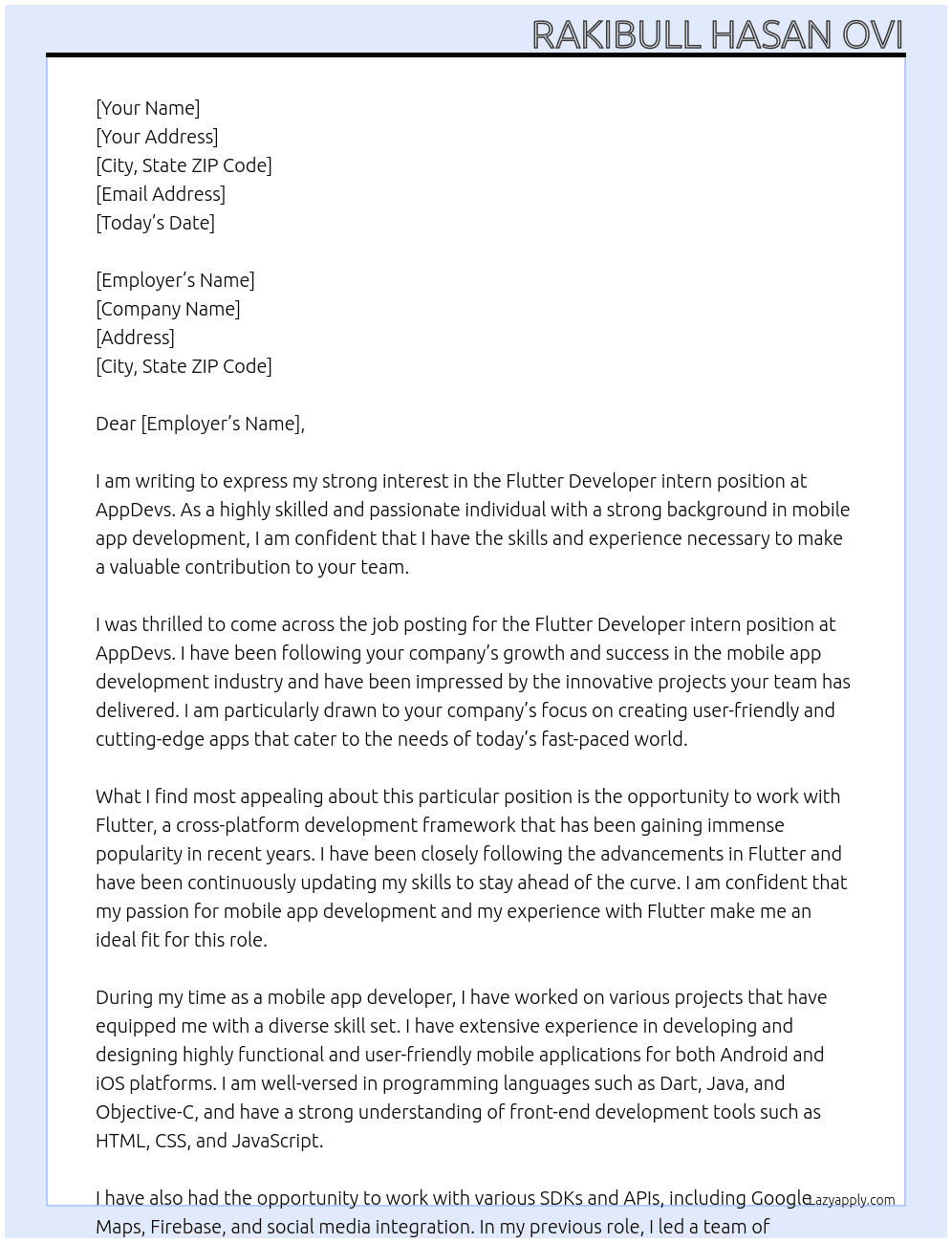 Flutter Developer intern At AppDevs Cover Letter