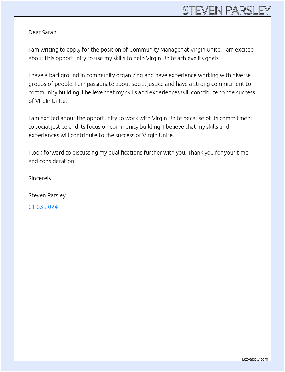 Community Manager At Virgin Unite  Cover Letter