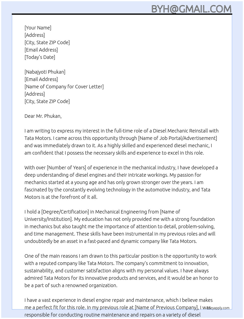 tata motors At mecanical Cover Letter