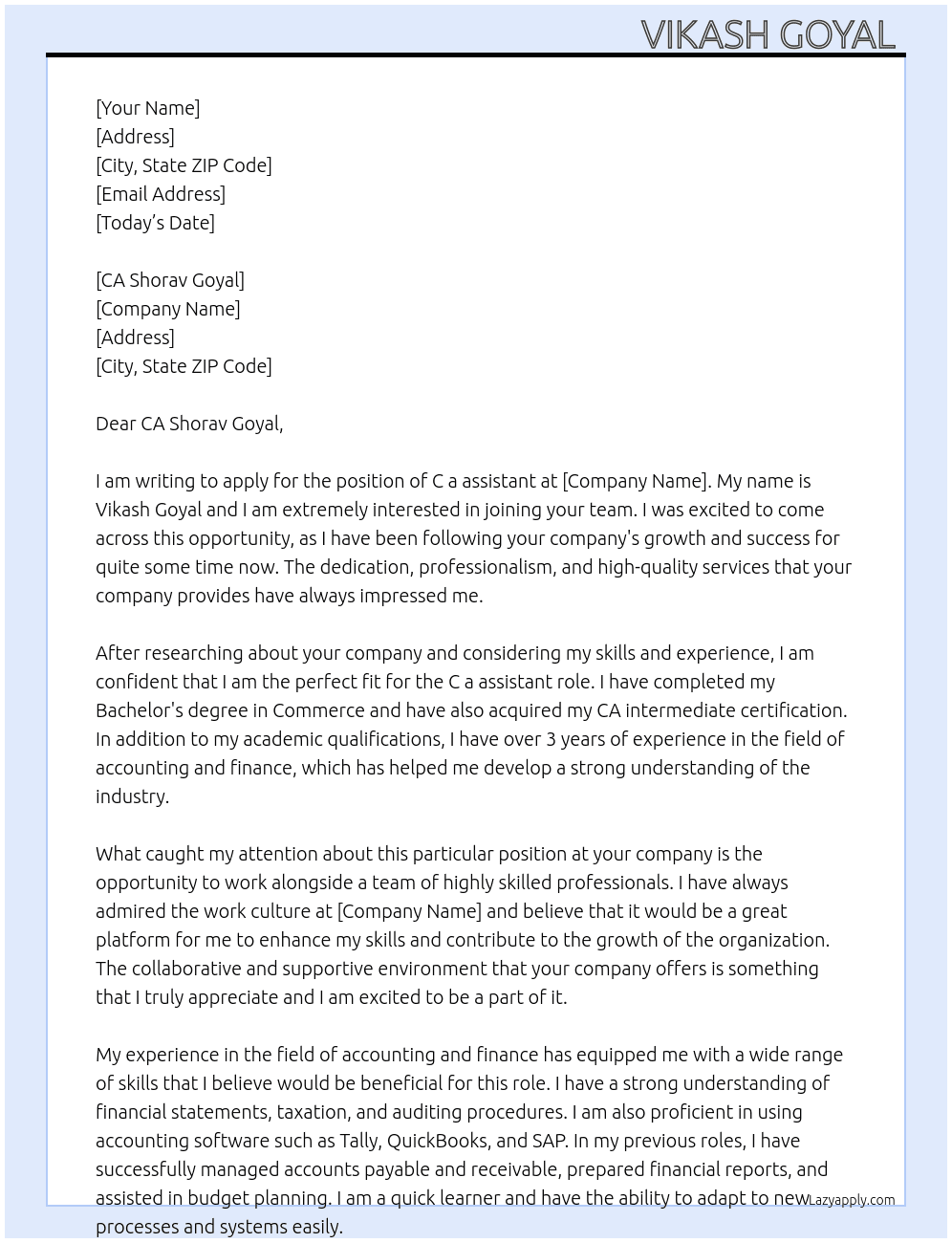 C a assistant  At CA Shorav goyal  Cover Letter