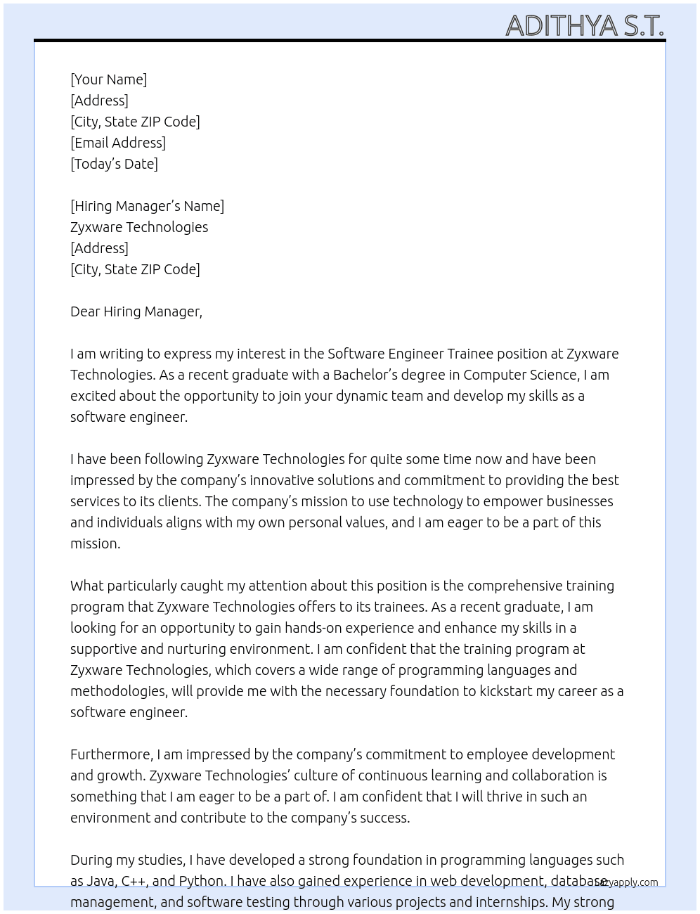 Software Engineer Trainee  At Zyxware Technologies  Cover Letter