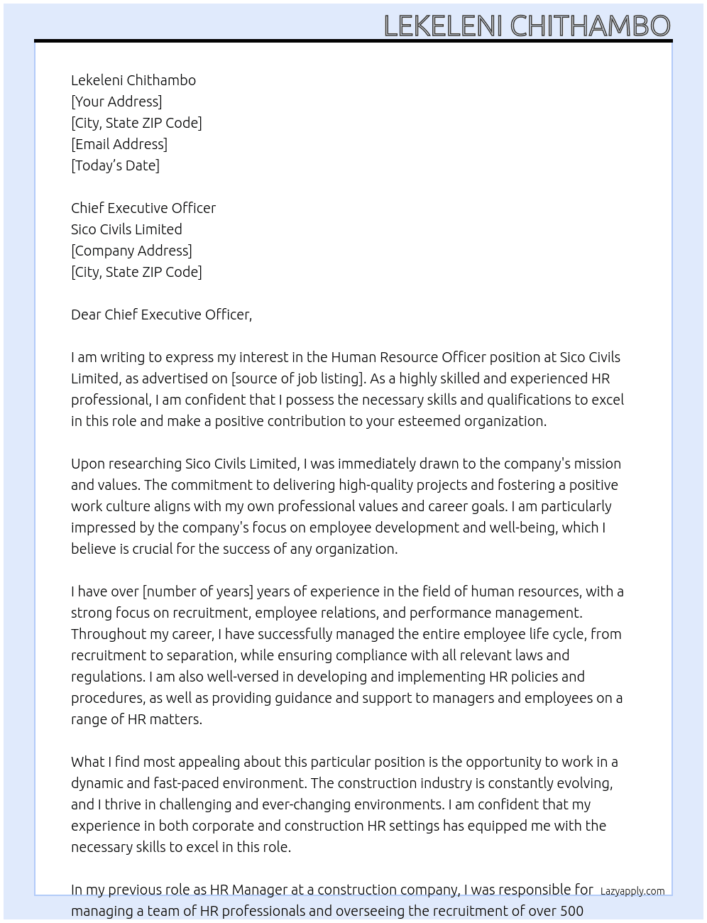 Human resource officer  At Sico Civils Limited Cover Letter