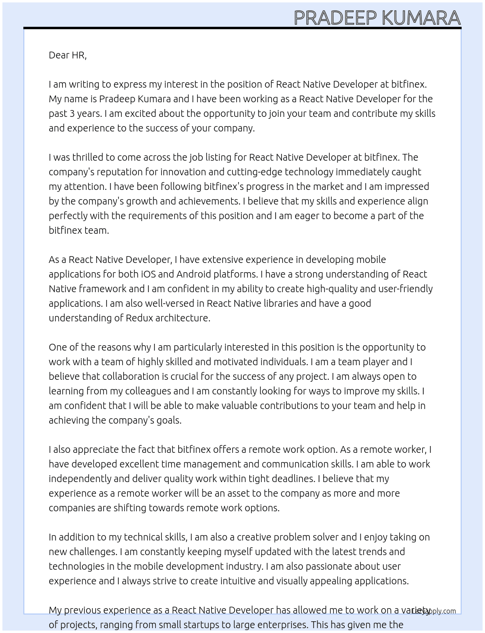 React Native Developer At bitfinex Cover Letter
