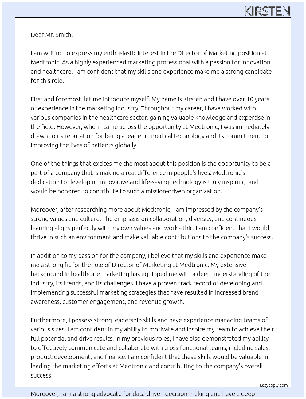 Director of Marketing  At Medtronic Cover Letter
