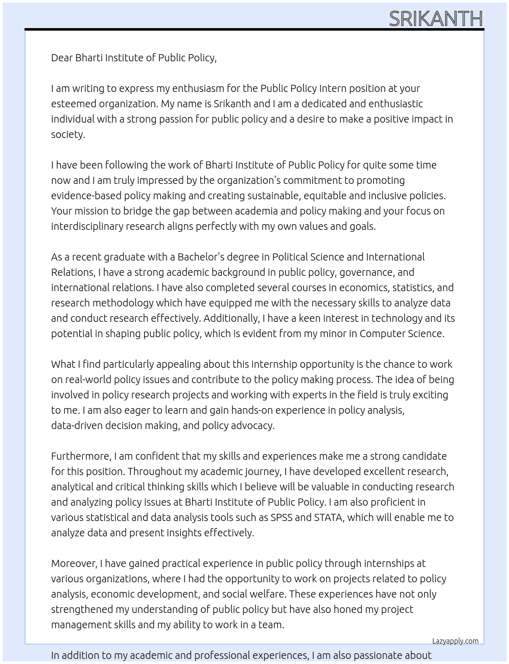 Public Policy Intern At Bharti Institute of Public Policy Cover Letter
