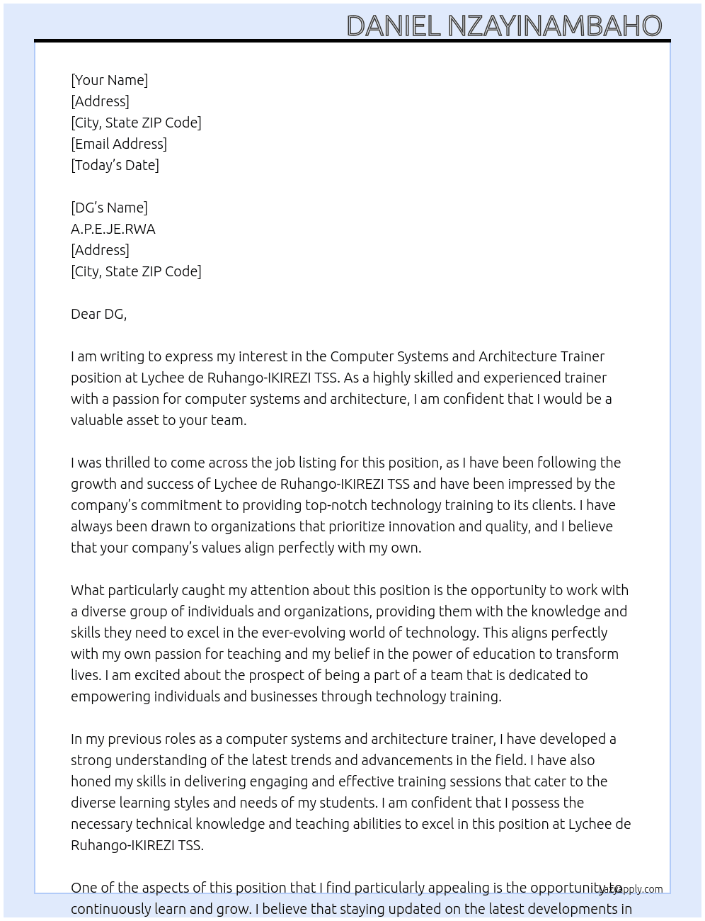 Computer systems and architecture trainer  At Lychee de Ruhango-IKIREZI TSS Cover Letter