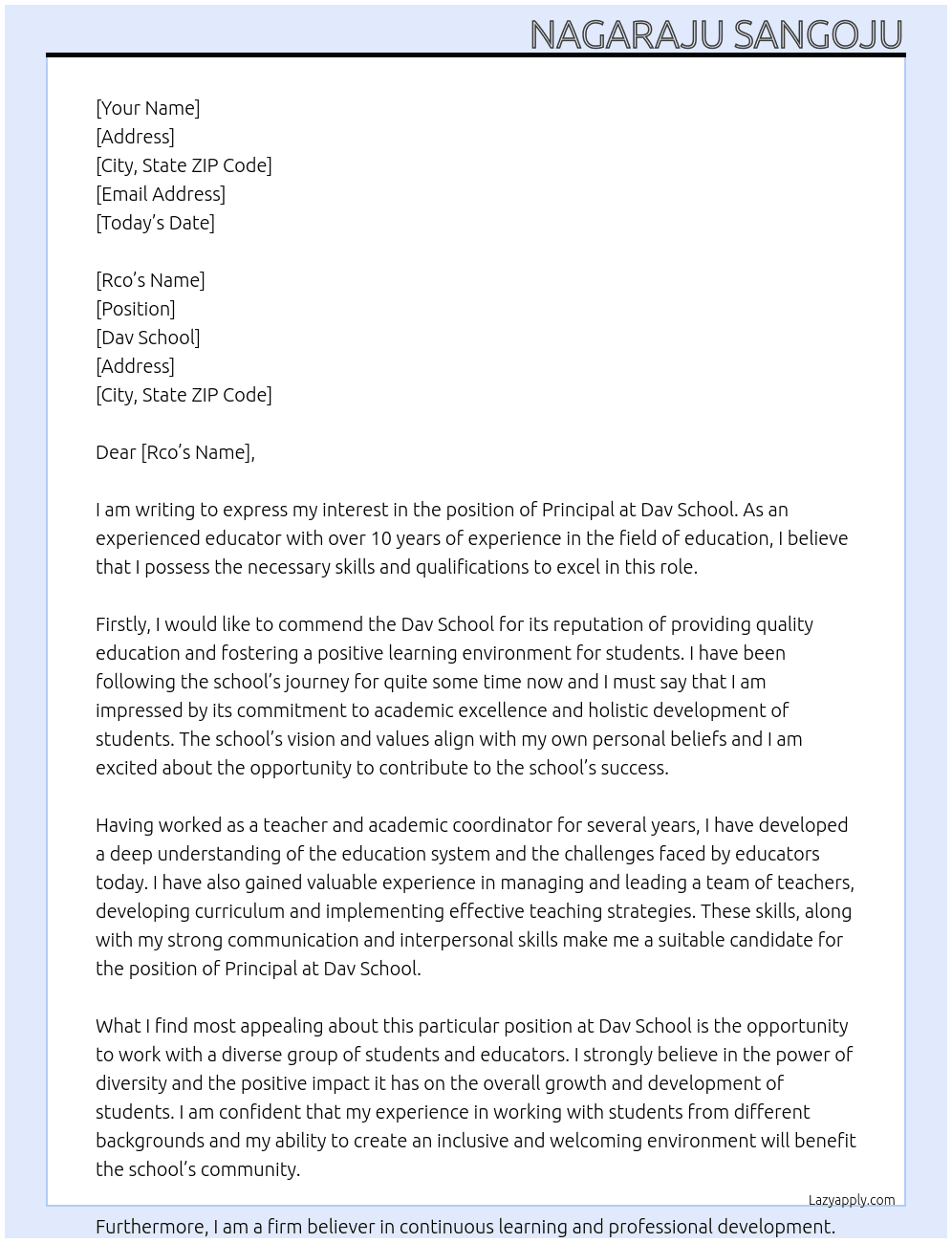Principal At Dav school Cover Letter
