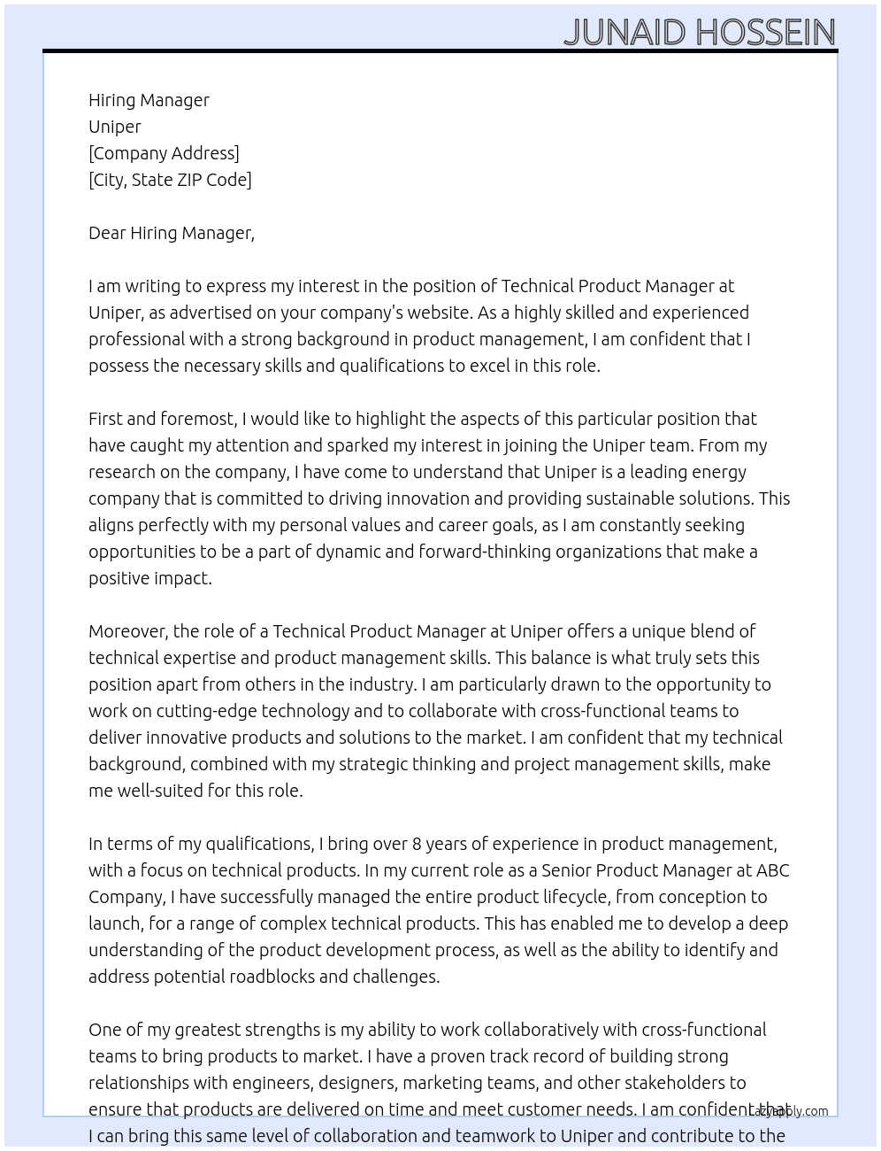 Technical Product Manager At Uniper Cover Letter