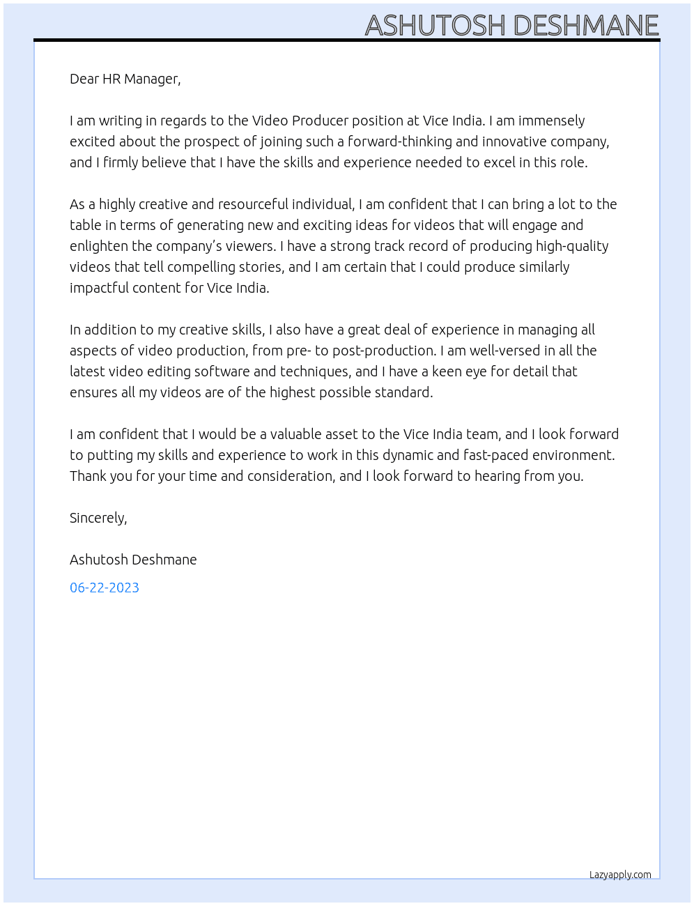 Video Producer At Vice India Cover Letter