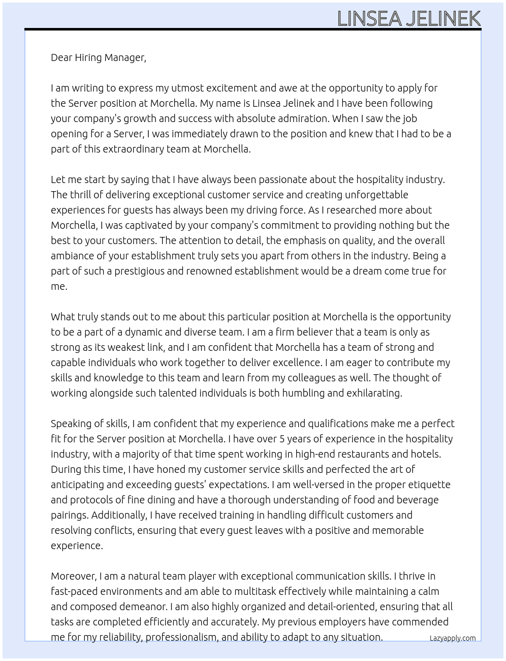 Server At Morchella Cover Letter