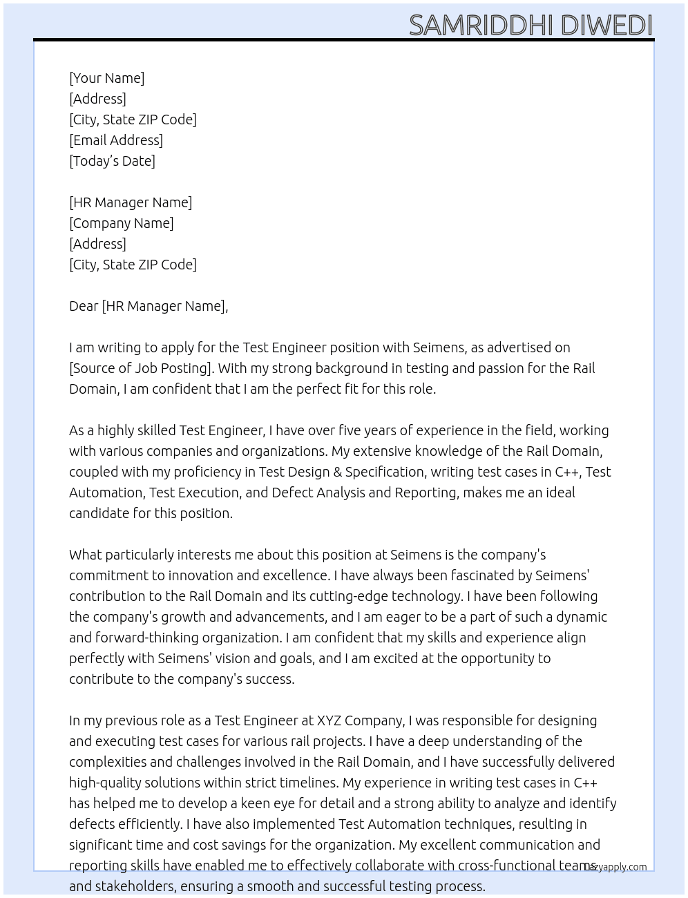Test engineer At Seimens Cover Letter