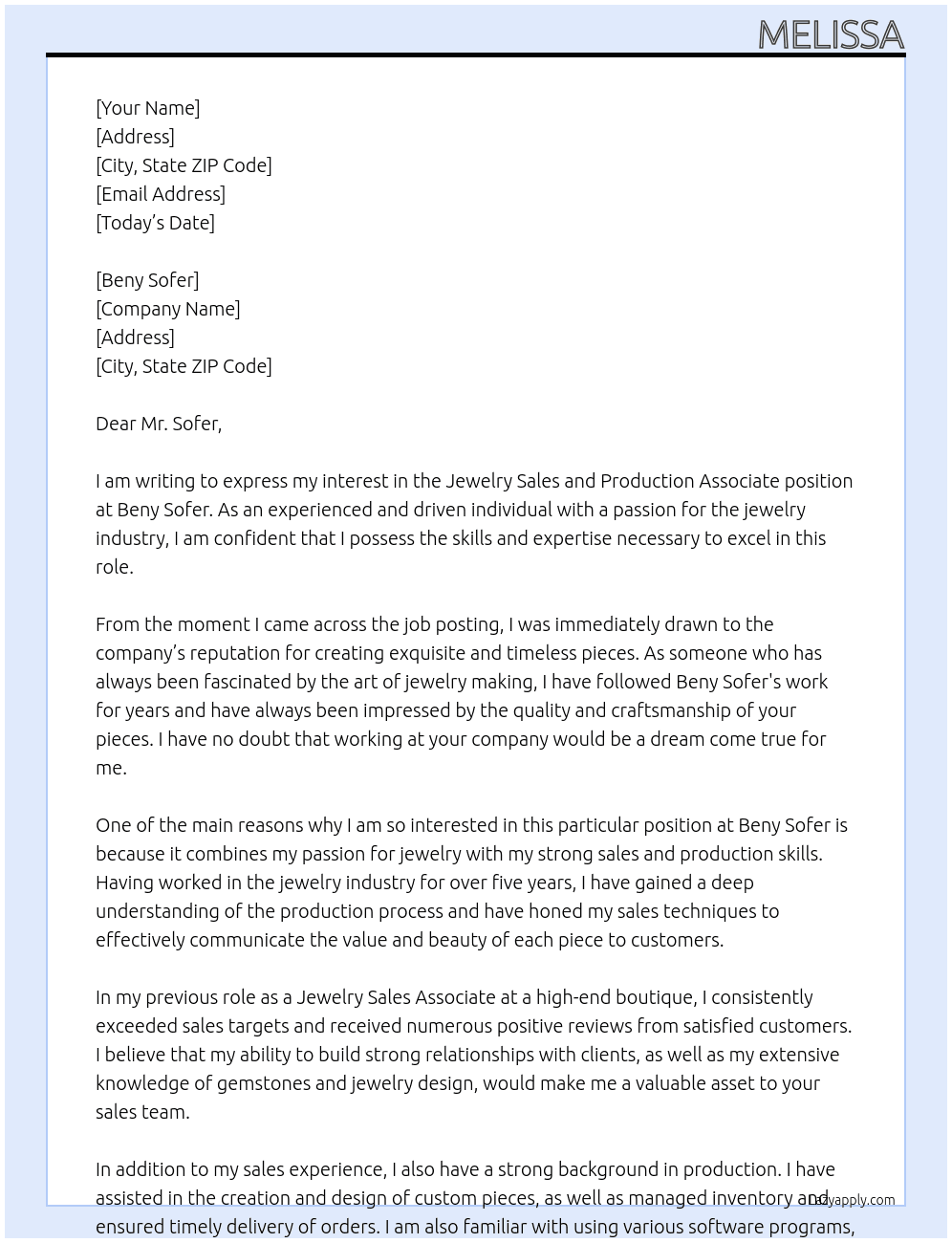 Jewelry Sales and Production Associate At Beny Sofer Cover Letter