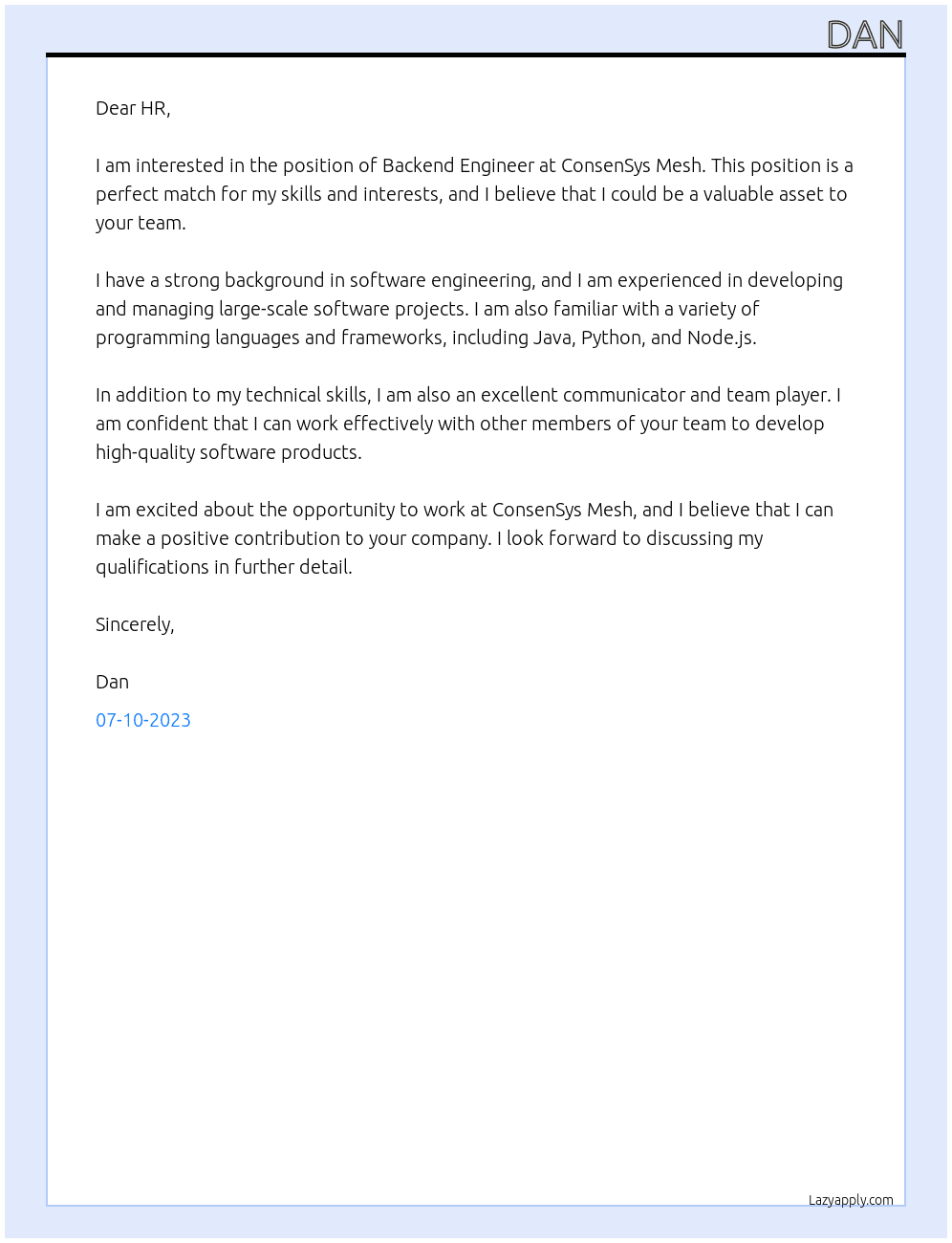 Backend Engineer At ConsenSys Mesh. Cover Letter