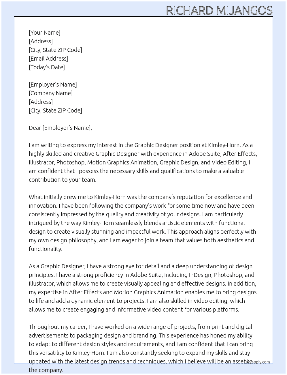 Graphic Designer At Kimley-Horn Cover Letter