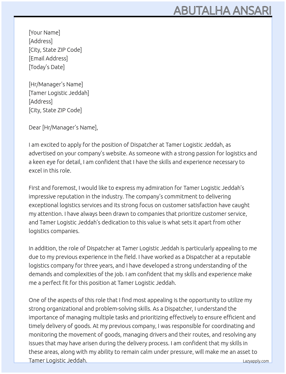Dispatcher At Tamer Logistic Jeddah Cover Letter