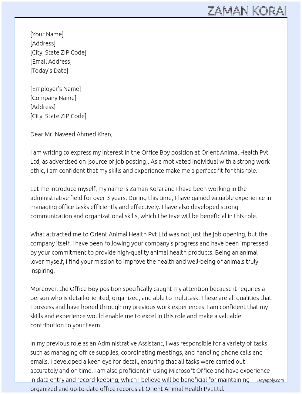Office boy At Orient animal health Pvt ltd Cover Letter