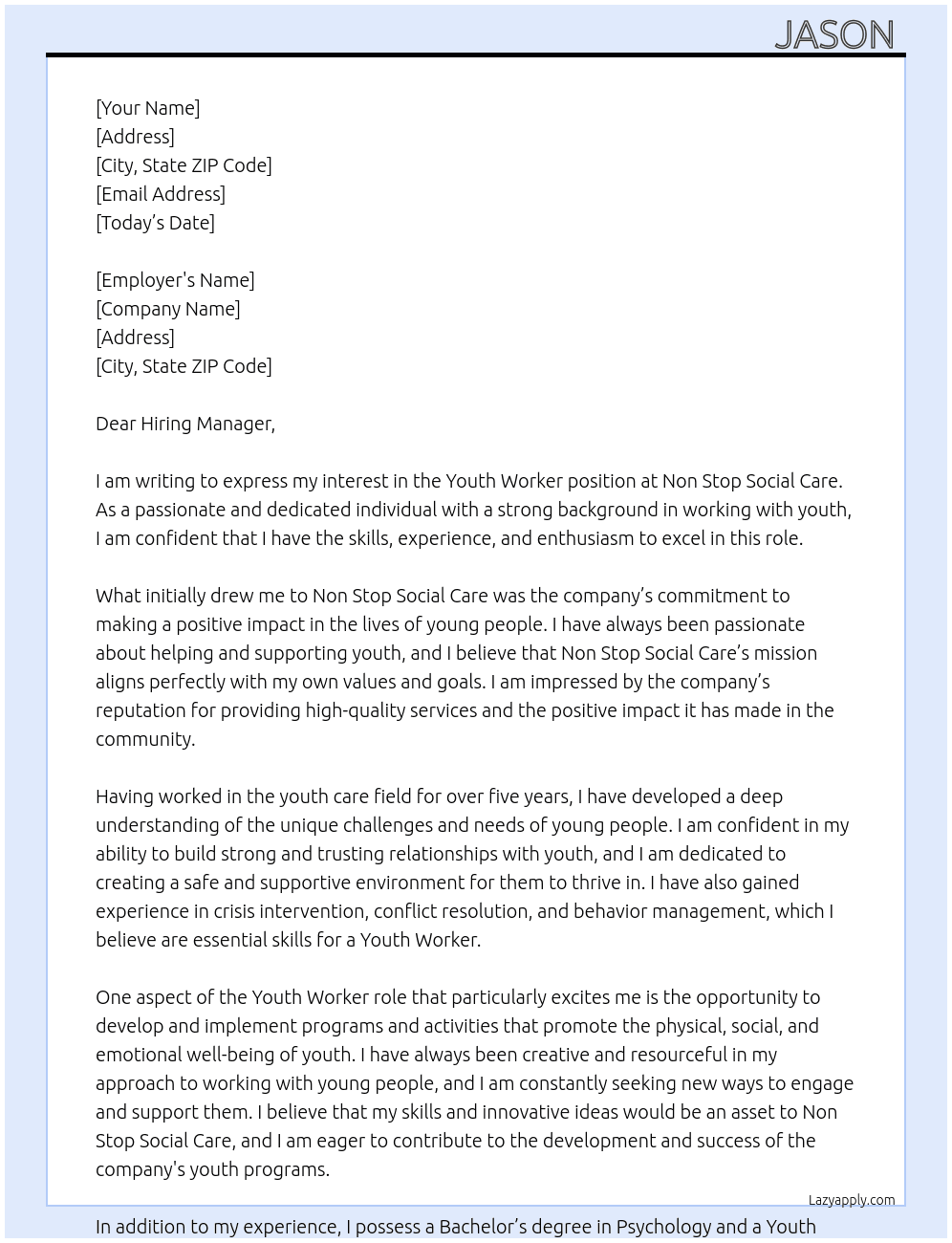 YOUTH WORKER  At Non Stop Social Care  Cover Letter