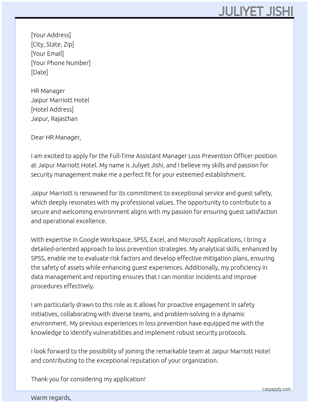 Assistant Manager Loss prevention officer At Jaipur Mariott Hotel Cover Letter