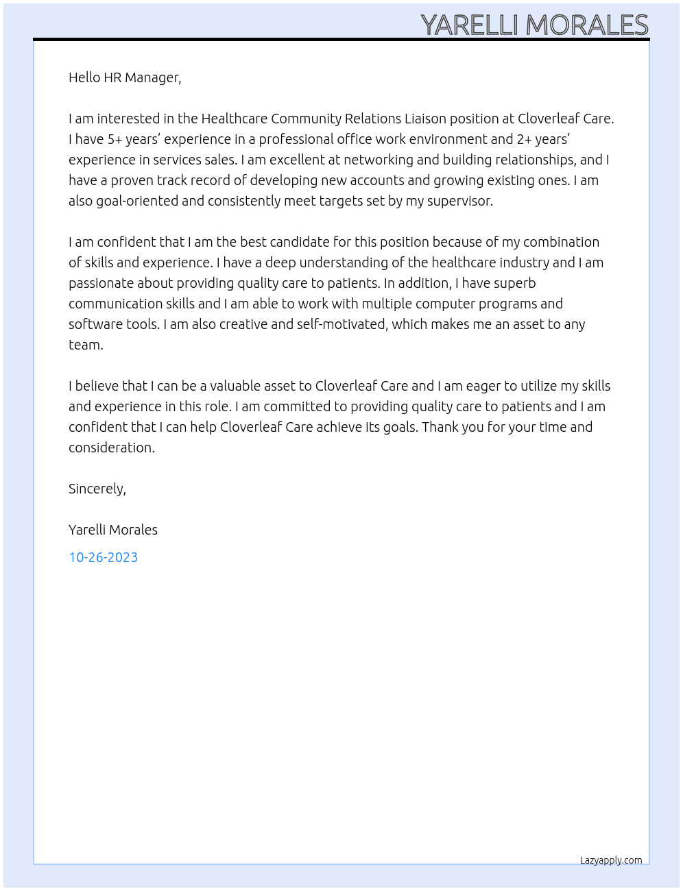 Healthcare Community Relations Liaison At Cloverleaf Care Cover Letter