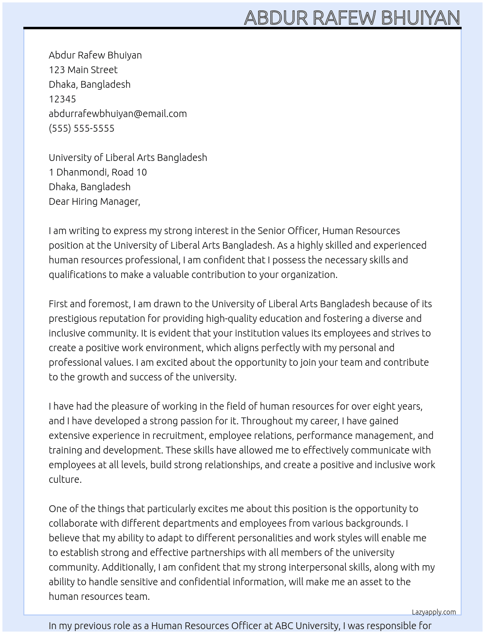 Sr Officer, Human Resources At University Of Liberal Arts Bangladesh Cover Letter