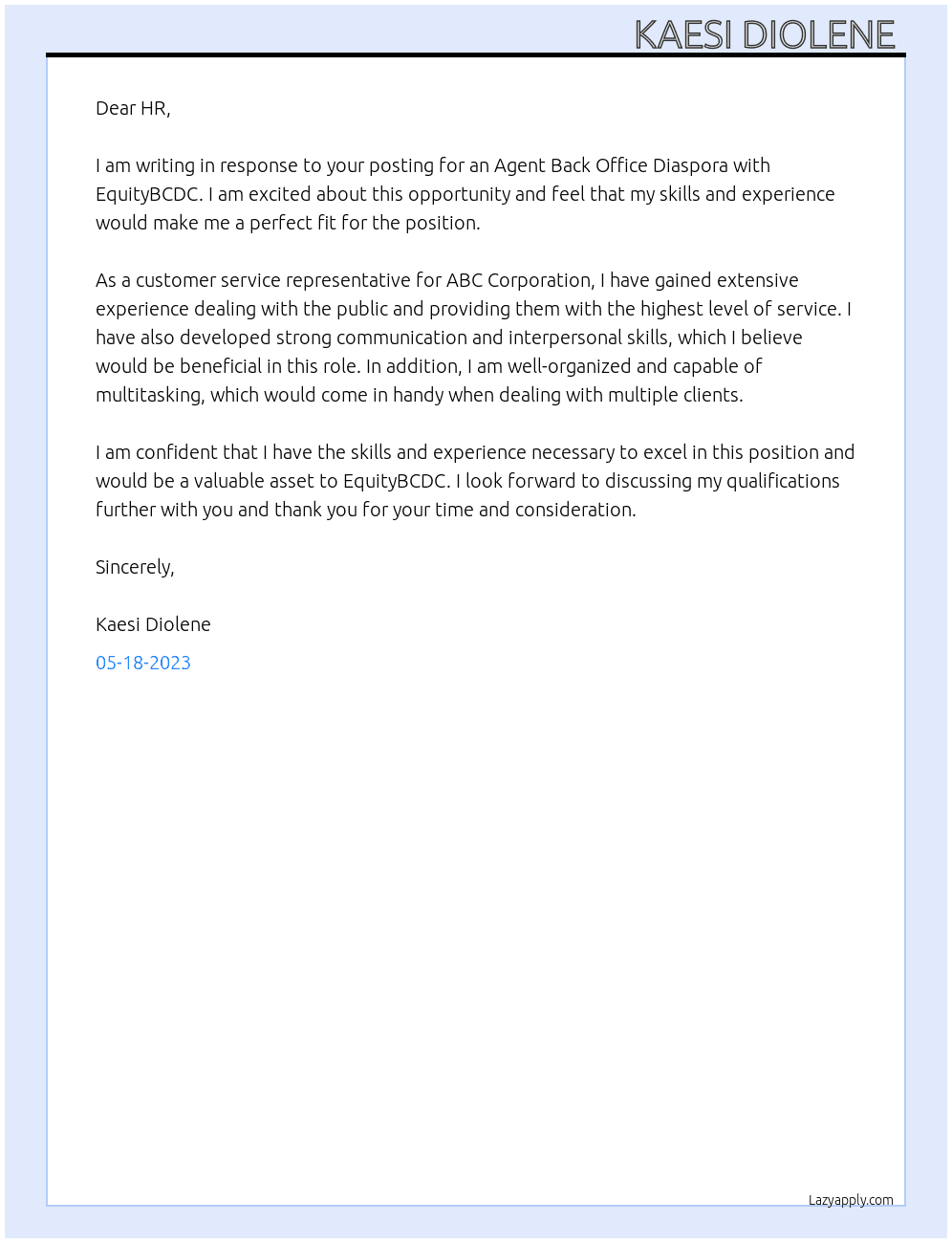 AGENT BACK OFFICE DIAPORA At EquityBCDC   Cover Letter