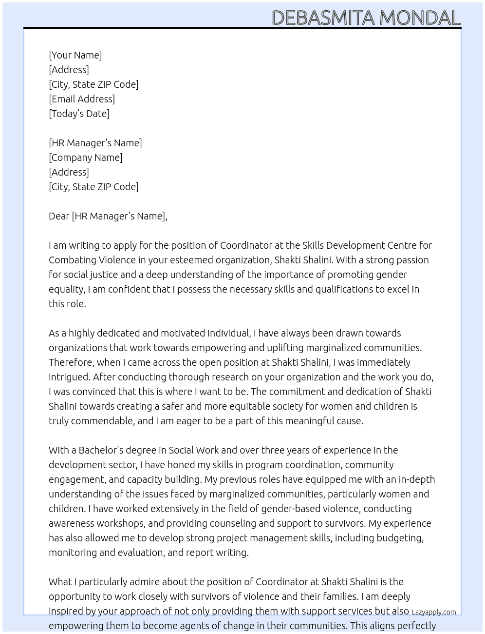 Coordinator, Skills Development Centre For Combating Violence  At Shakti Shalini Cover Letter