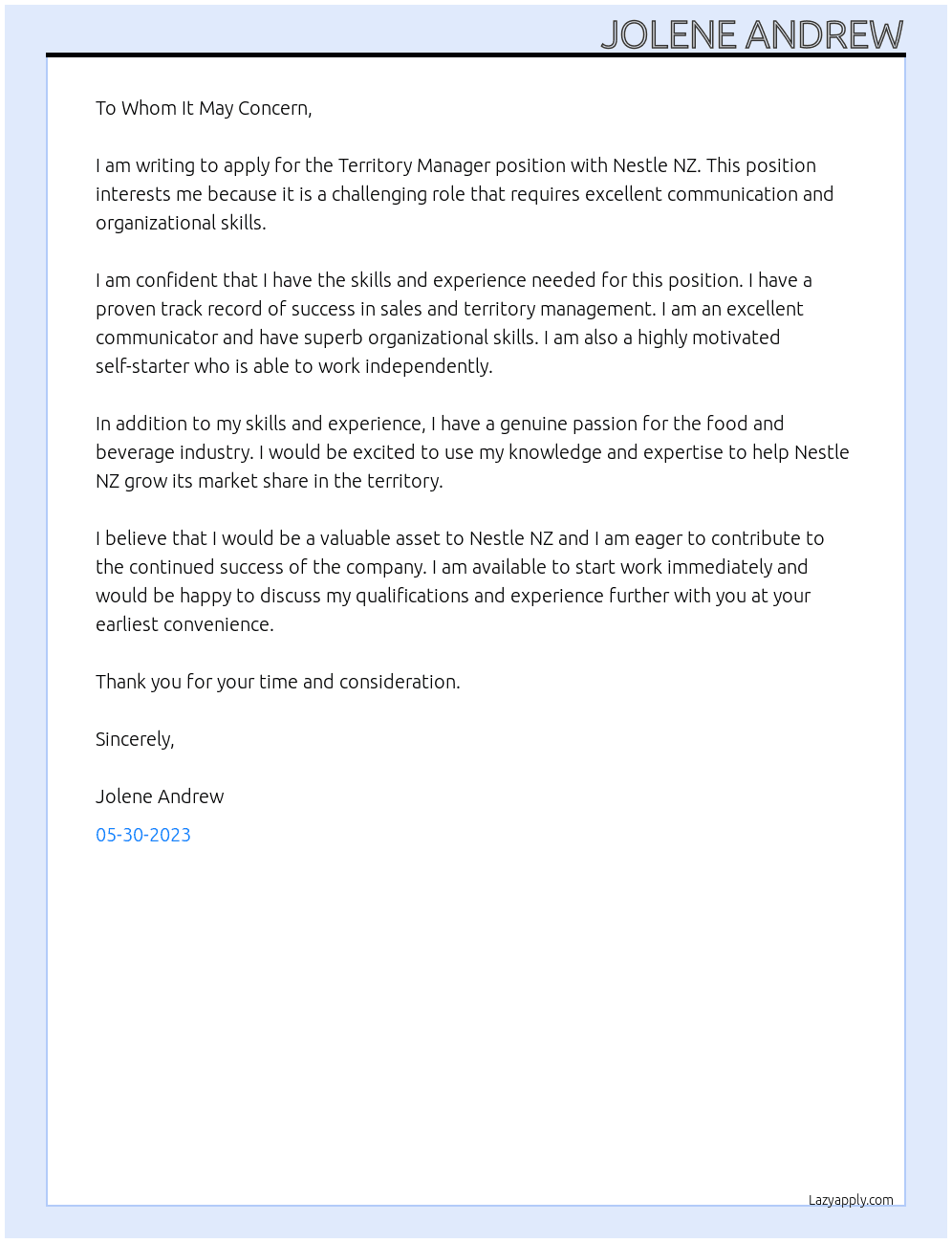 Territory Manager At Nestle NZ Cover Letter