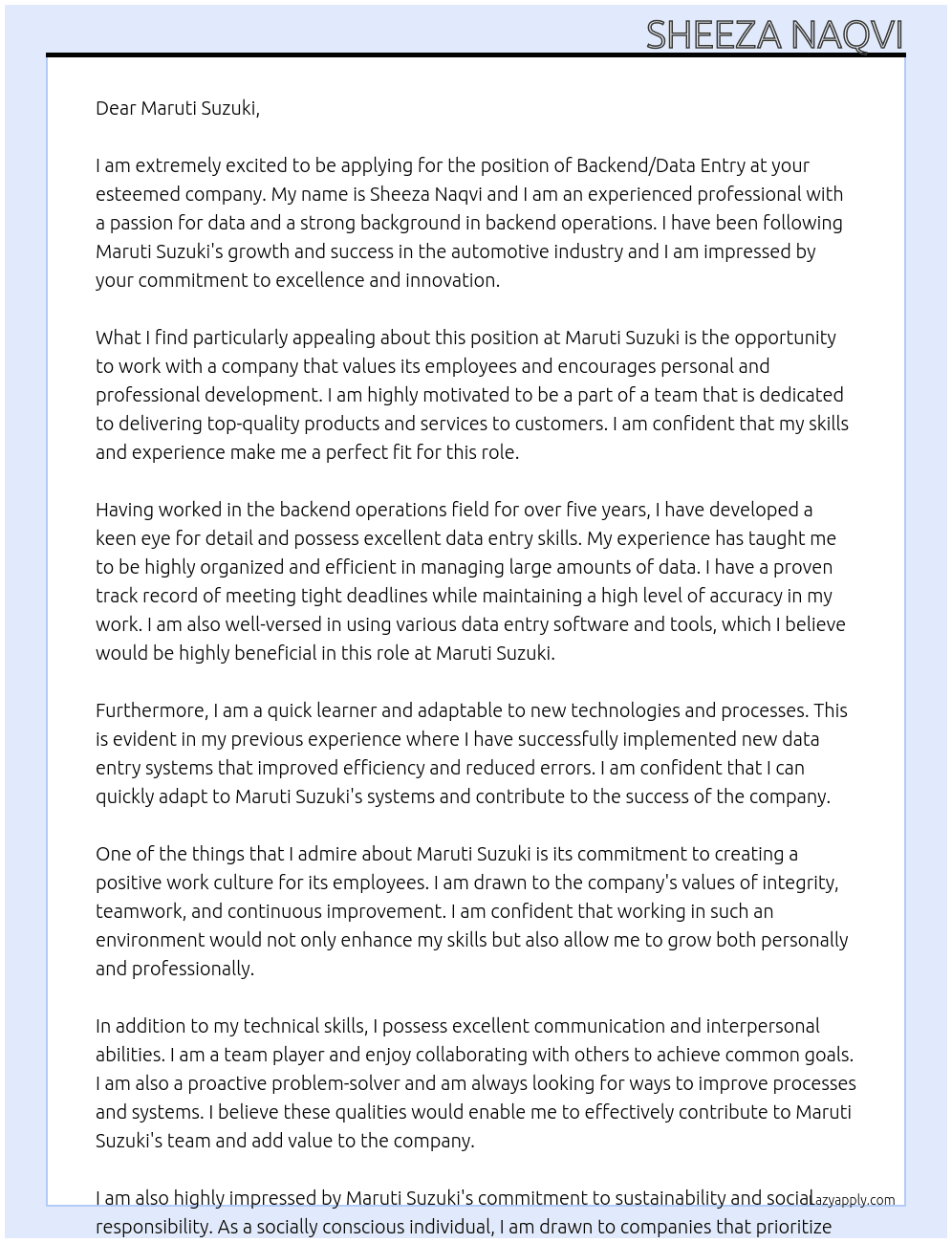 Backend/ data entry At Maruti Suzuki Cover Letter