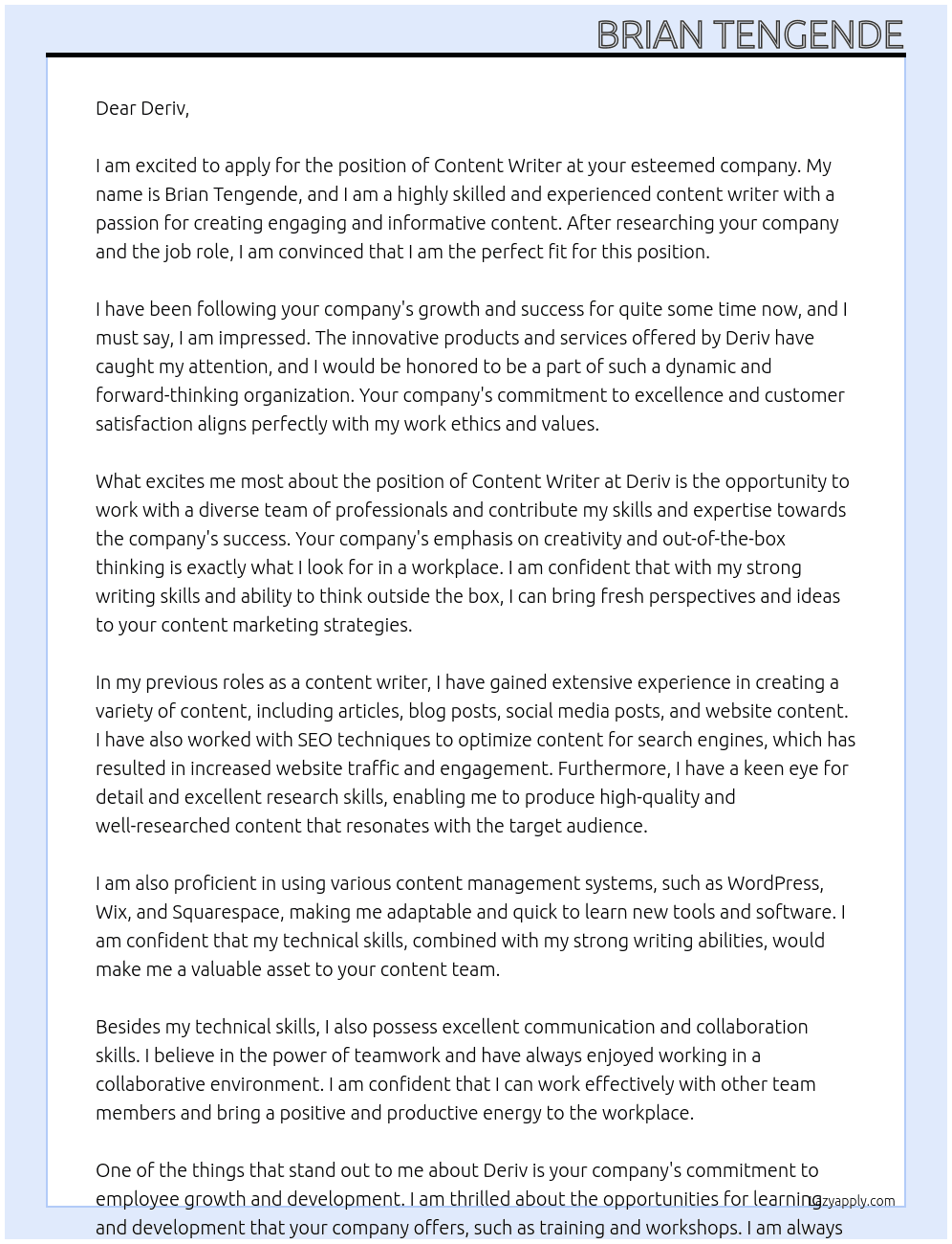 Content Writer At Deriv Cover Letter