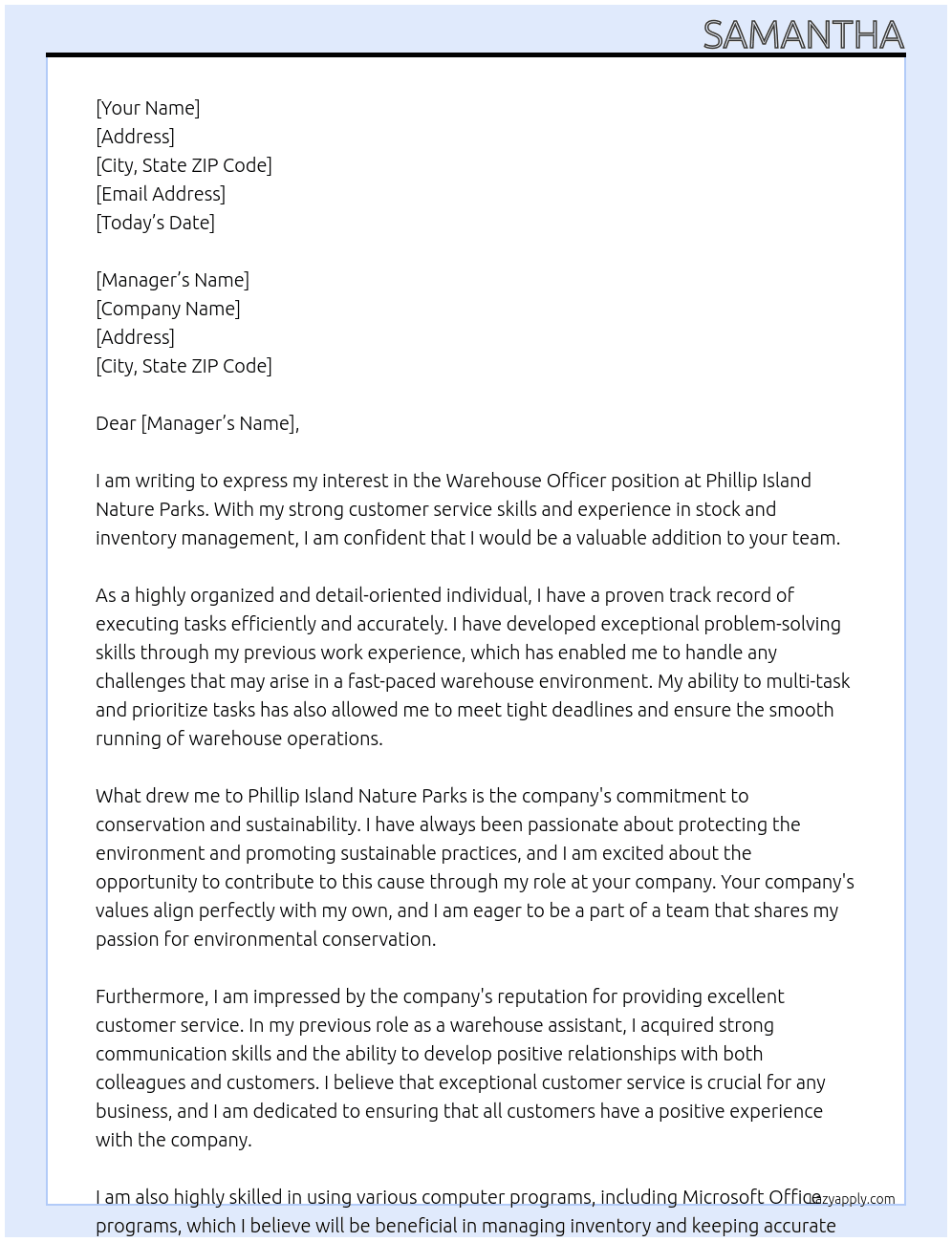 Wharehouse officer At Phillip Island Nature Parks Cover Letter